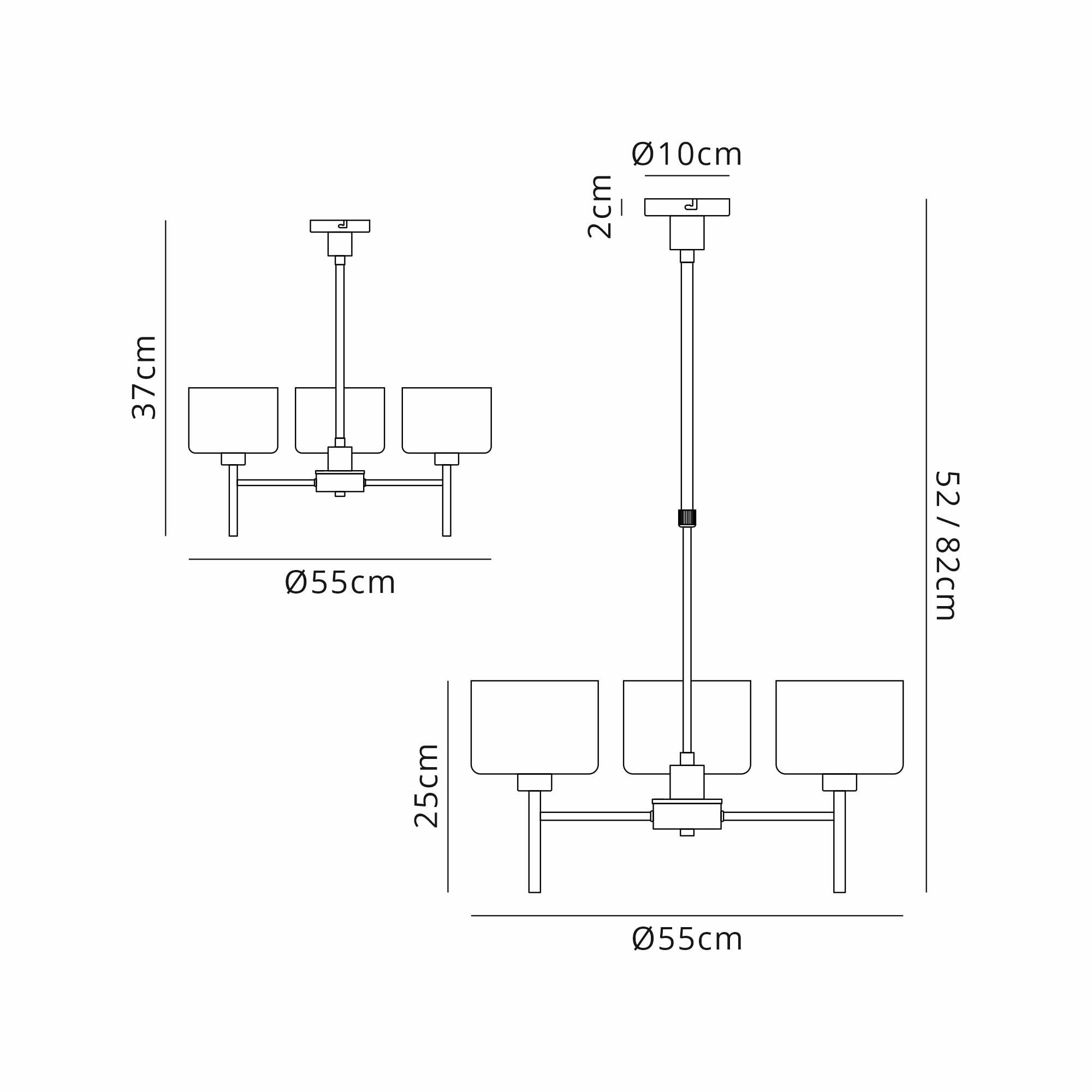 Fabula Tamworth 3 Light Telescopic Semi Flush - Short Cylinder Shades - French Gold & Frosted Glass
