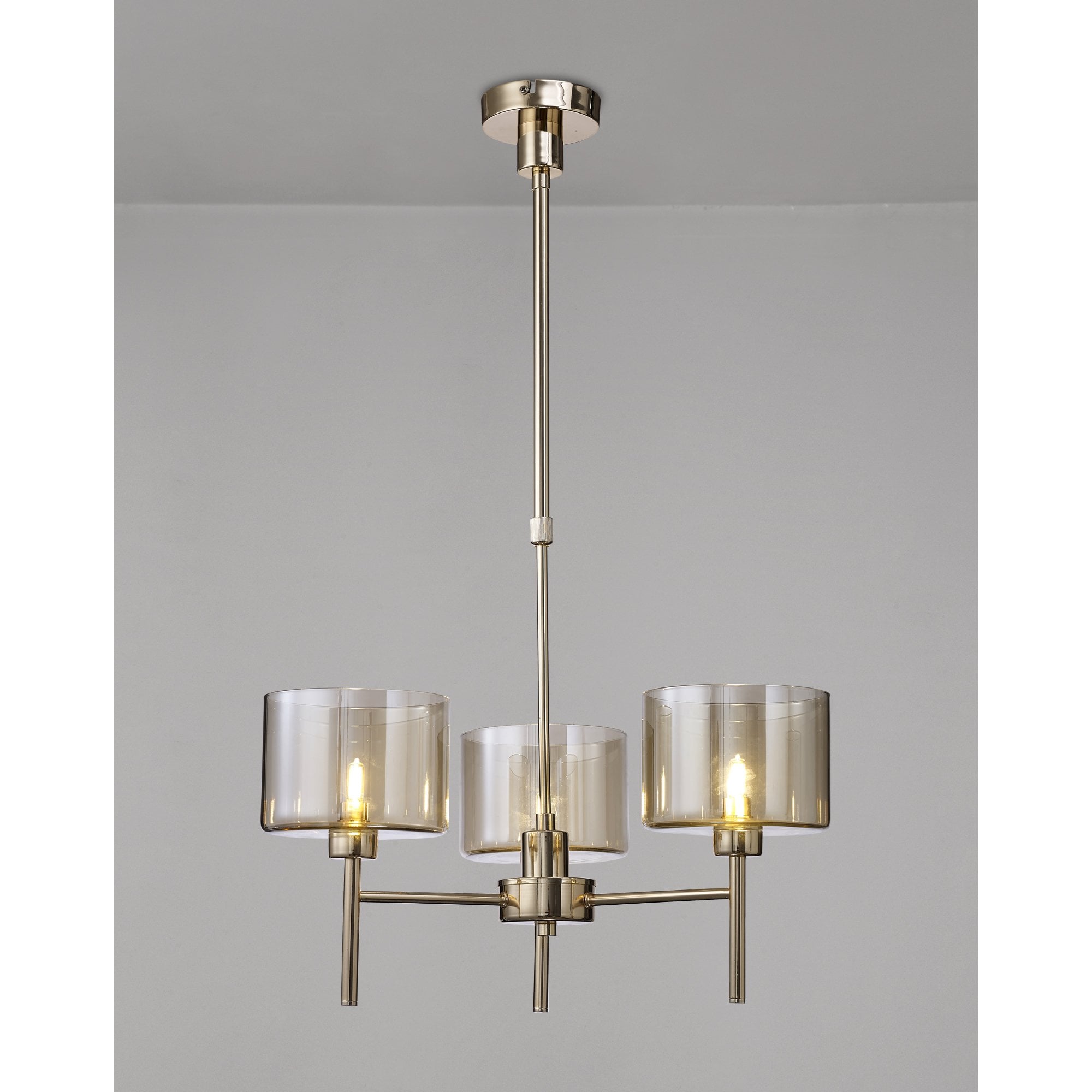 Fabula Tamworth 3 Light Telescopic Semi Flush - Short Cylinder Shades - French Gold & Cognac Glass