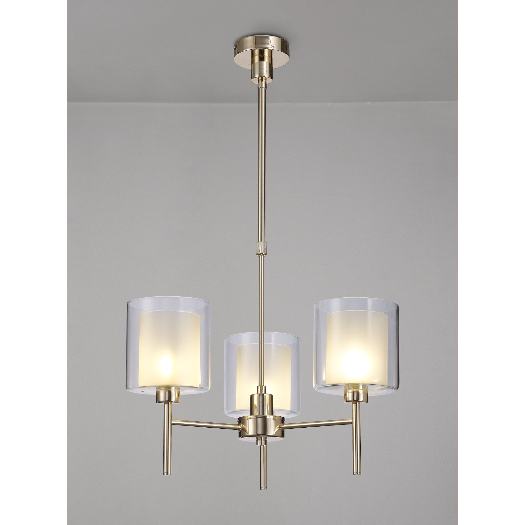 Fabula Tamworth 3 Light Telescopic Semi Flush - Medium Cylinder Shades with Clear Outer Glass - French Gold, Frosted & Clear Glass