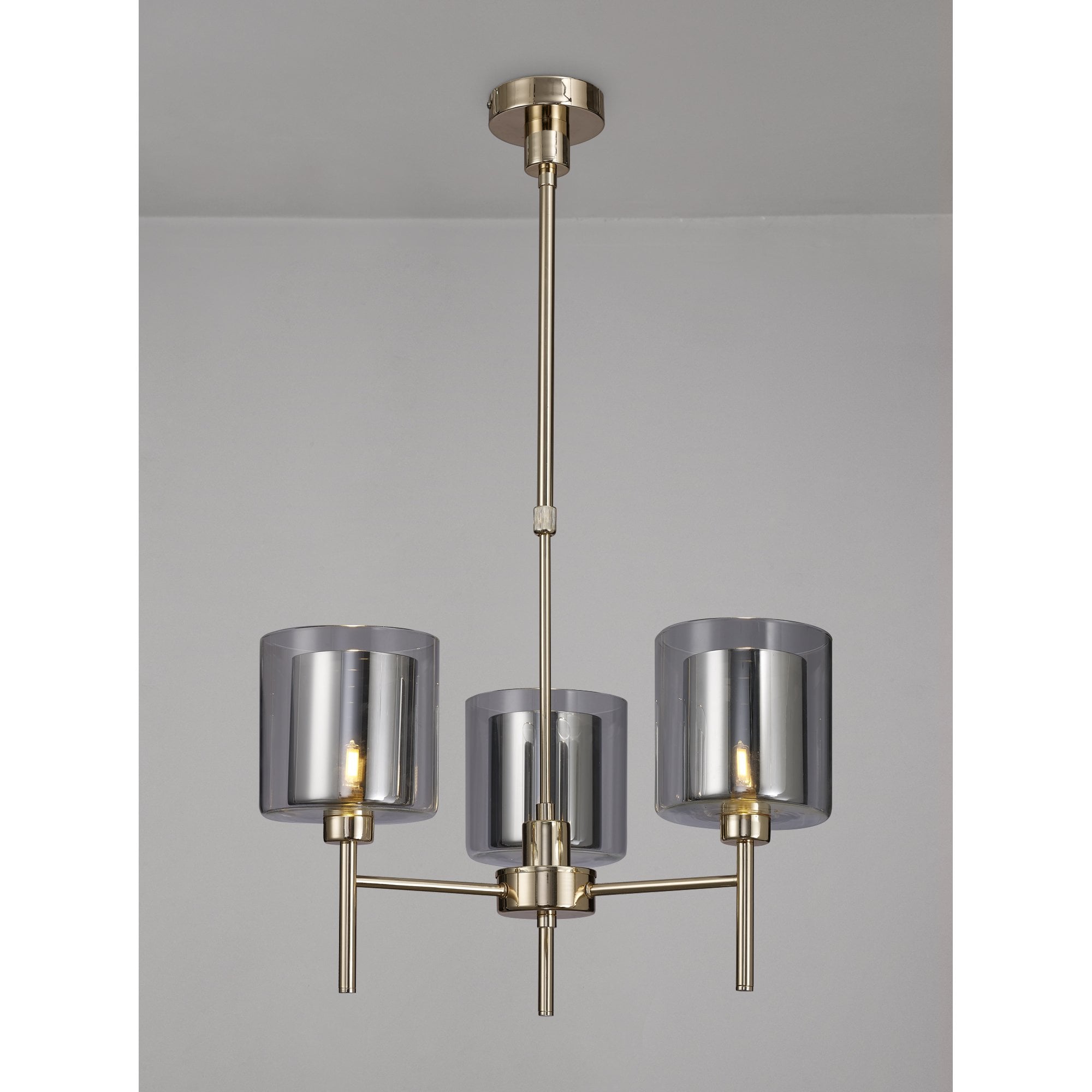 Fabula Tamworth 3 Light Telescopic Semi Flush - Medium Cylinder Shades with Clear Outer Glass - French Gold, Chrome & Clear Glass