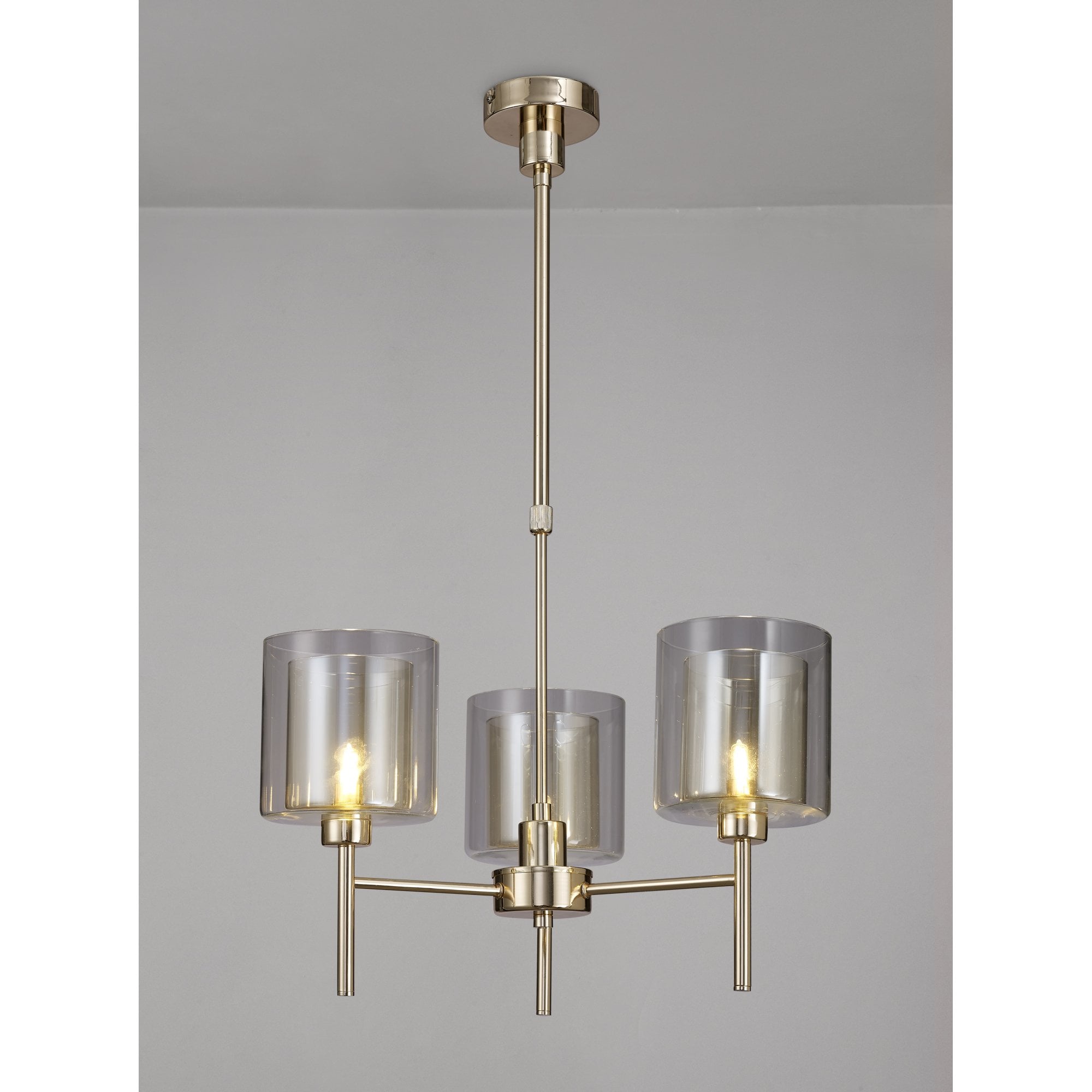 Fabula Tamworth 3 Light Telescopic Semi Flush - Medium Cylinder Shades with Clear Outer Glass - French Gold, Cognac & Clear Glass
