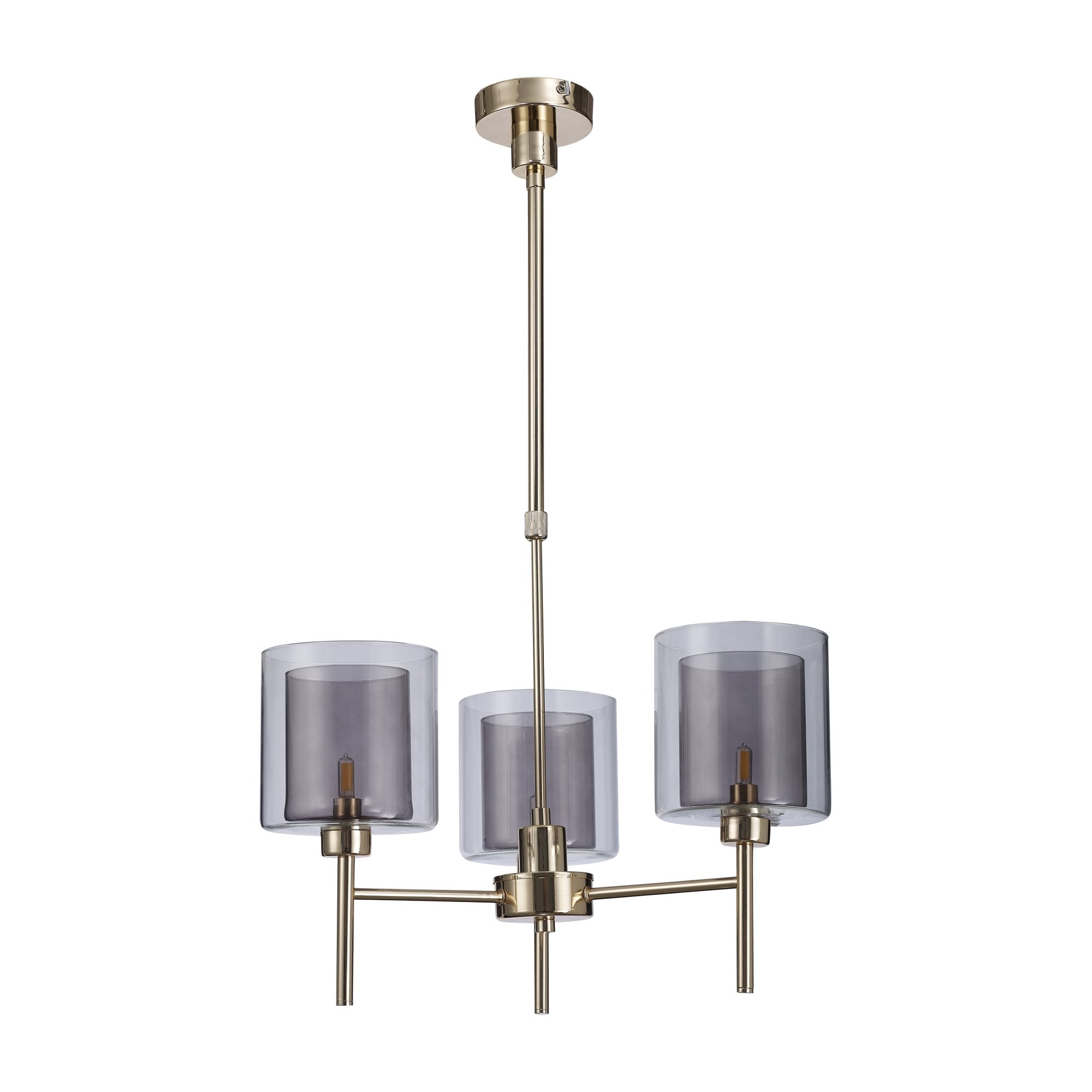 Fabula Tamworth 3 Light Telescopic Semi Flush - Medium Cylinder Shades with Clear Outer Glass - French Gold, Smoked & Clear Glass