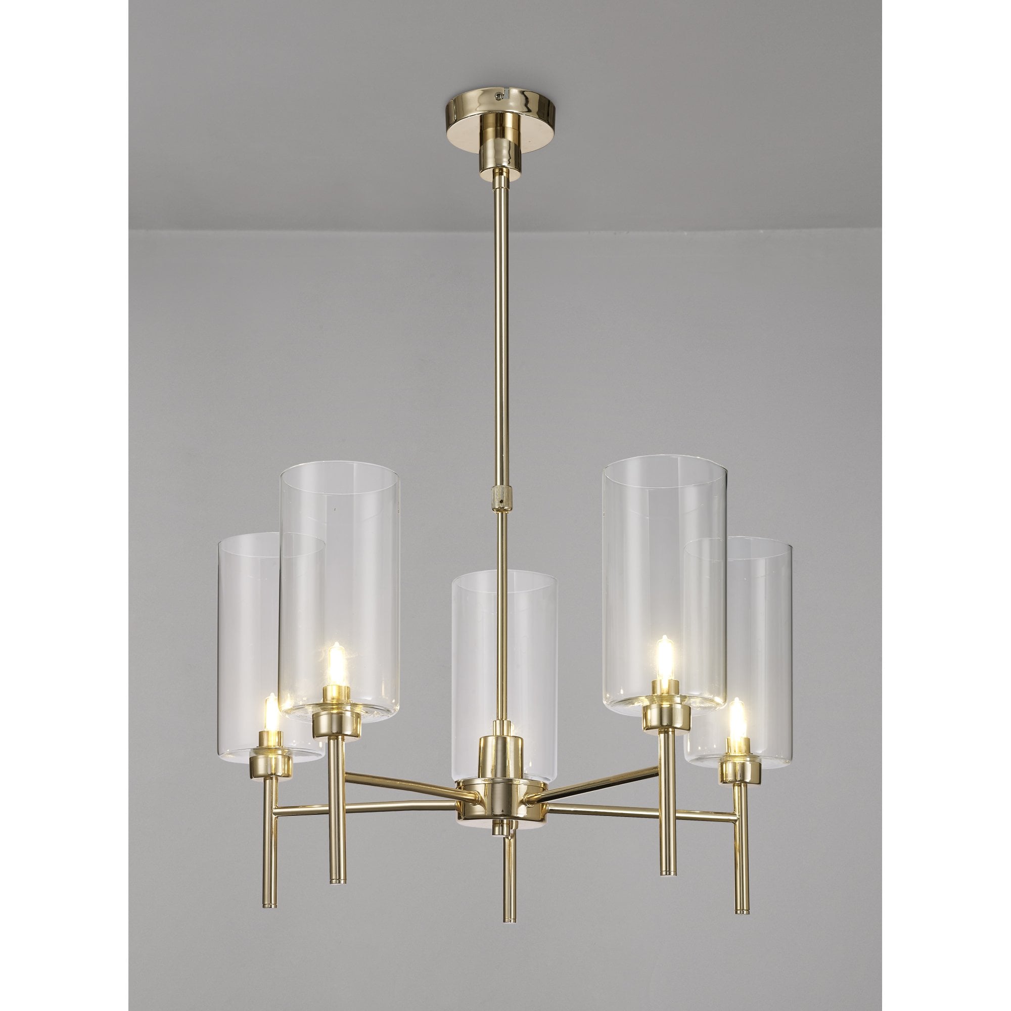 Fabula Tamworth 5 Light Telescopic Semi Flush - Tall Cylinder Shades - French Gold & Clear Glass