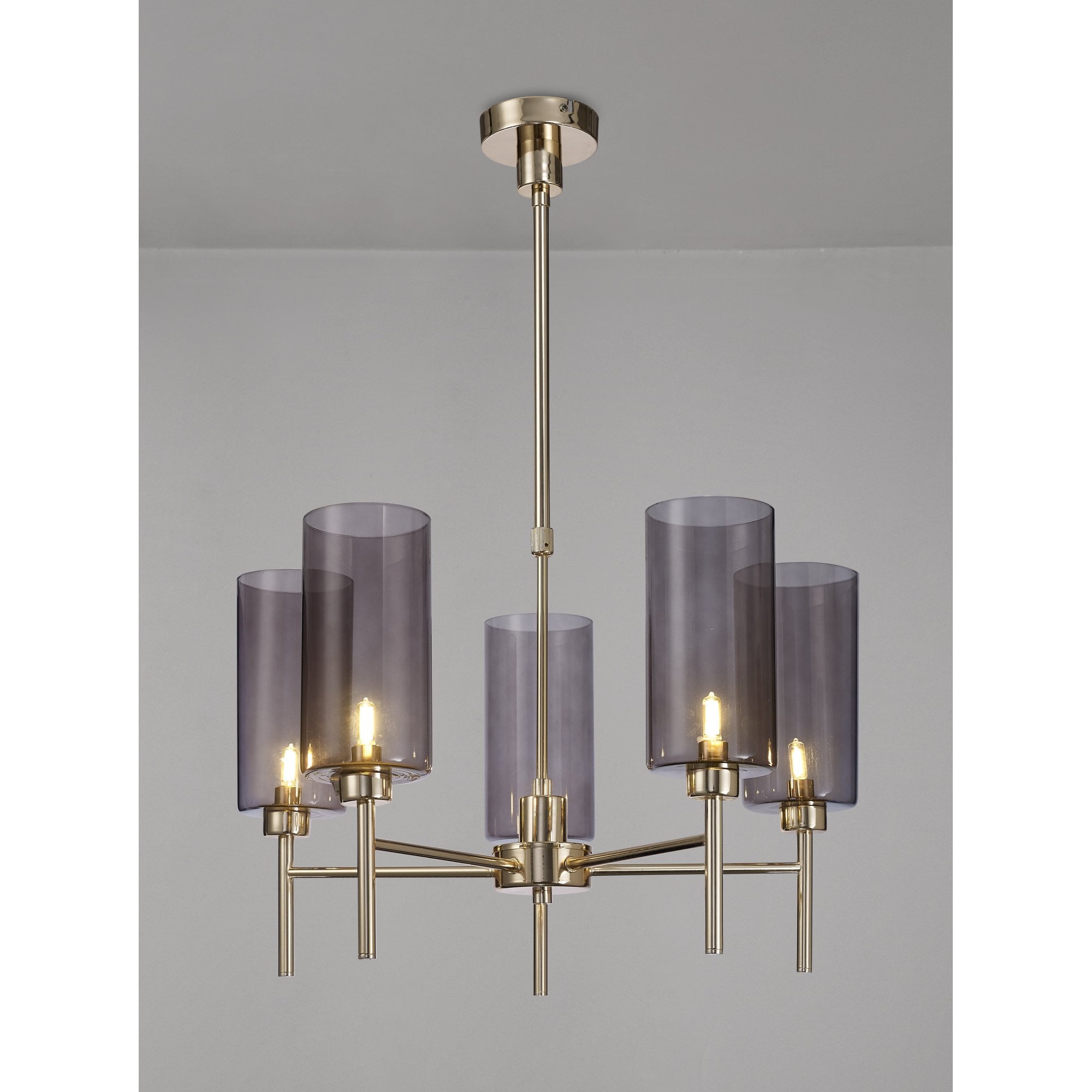 Fabula Tamworth 5 Light Telescopic Semi Flush - Tall Cylinder Shades - French Gold & Smoked Glass