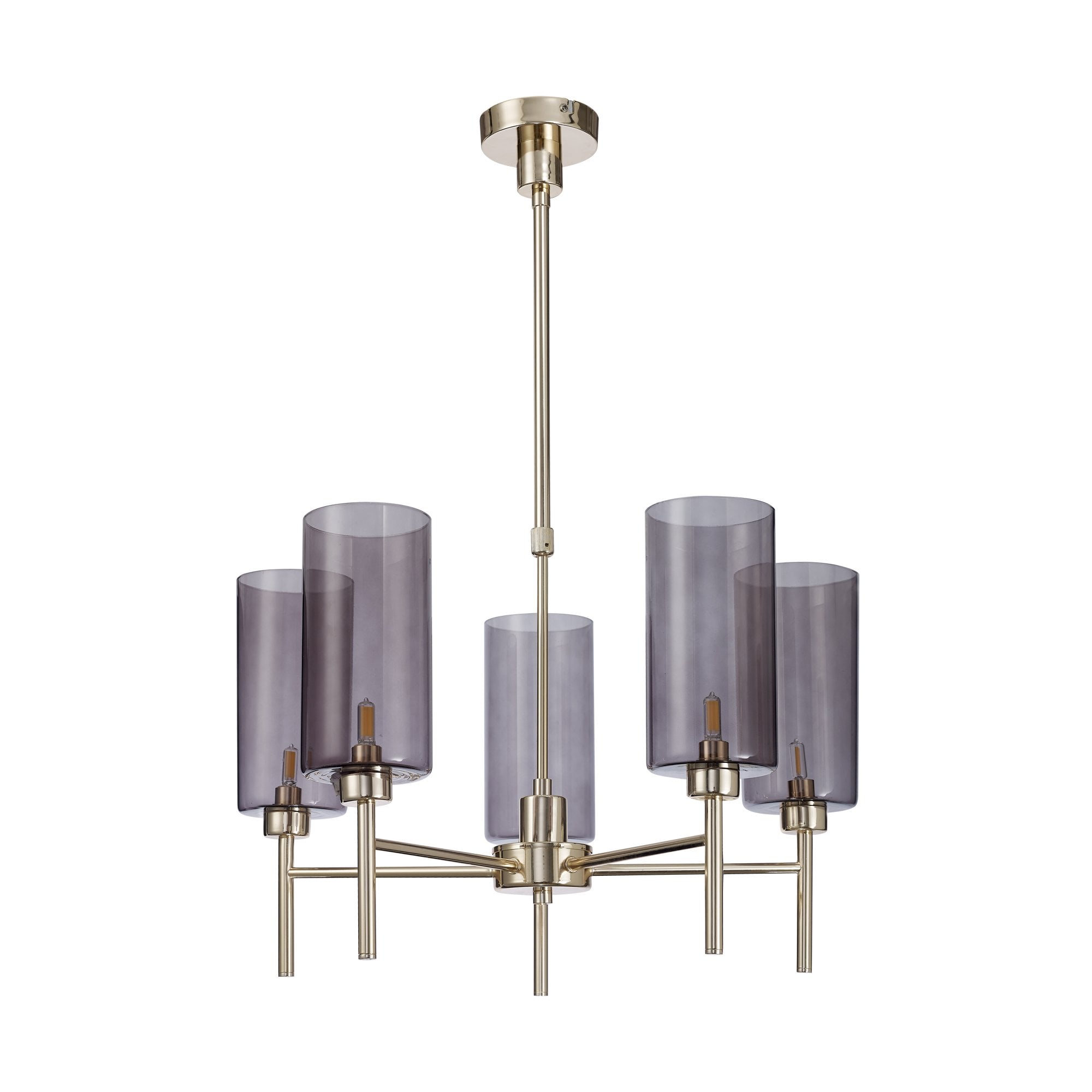 Fabula Tamworth 5 Light Telescopic Semi Flush - Tall Cylinder Shades - French Gold & Smoked Glass