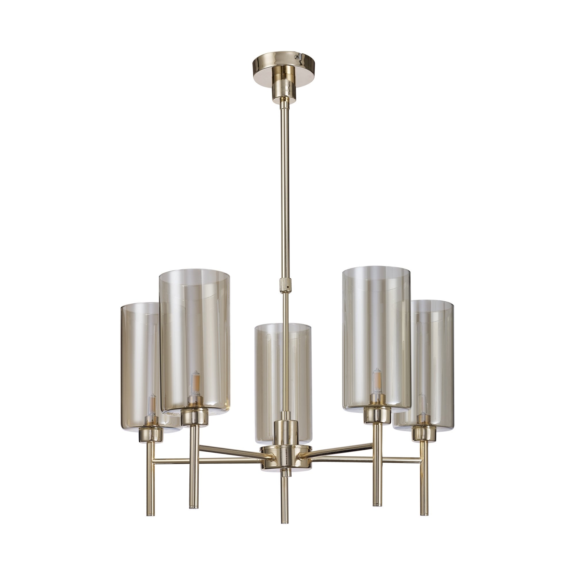 Fabula Tamworth 5 Light Telescopic Semi Flush - Tall Cylinder Shades - French Gold & Cognac Glass