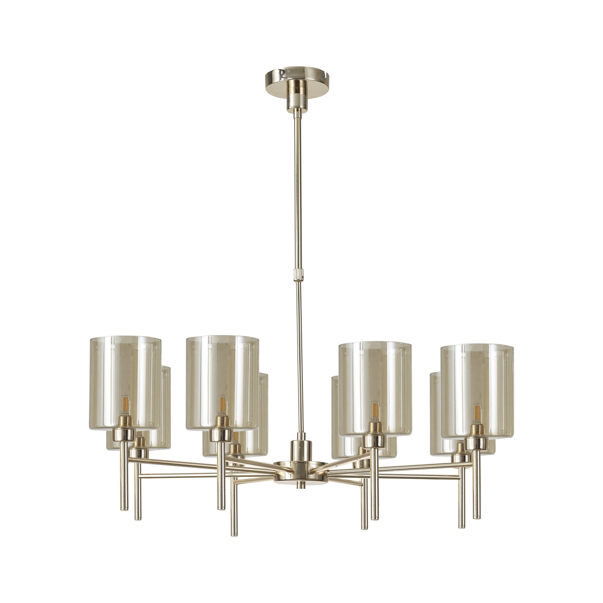 Fabula Tamworth 8 Light Telescopic Semi Flush - Medium Cylinder Shades - French Gold & Cognac Glass
