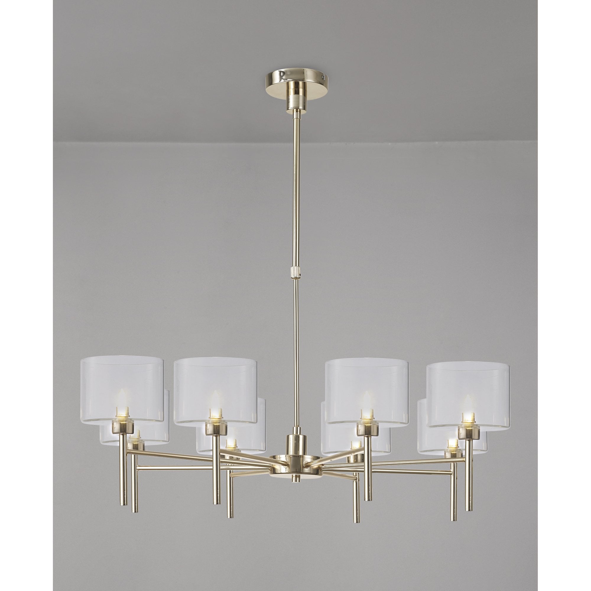 Fabula Tamworth 8 Light Telescopic Semi Flush - Short Cylinder Shades - French Gold & Clear Glass