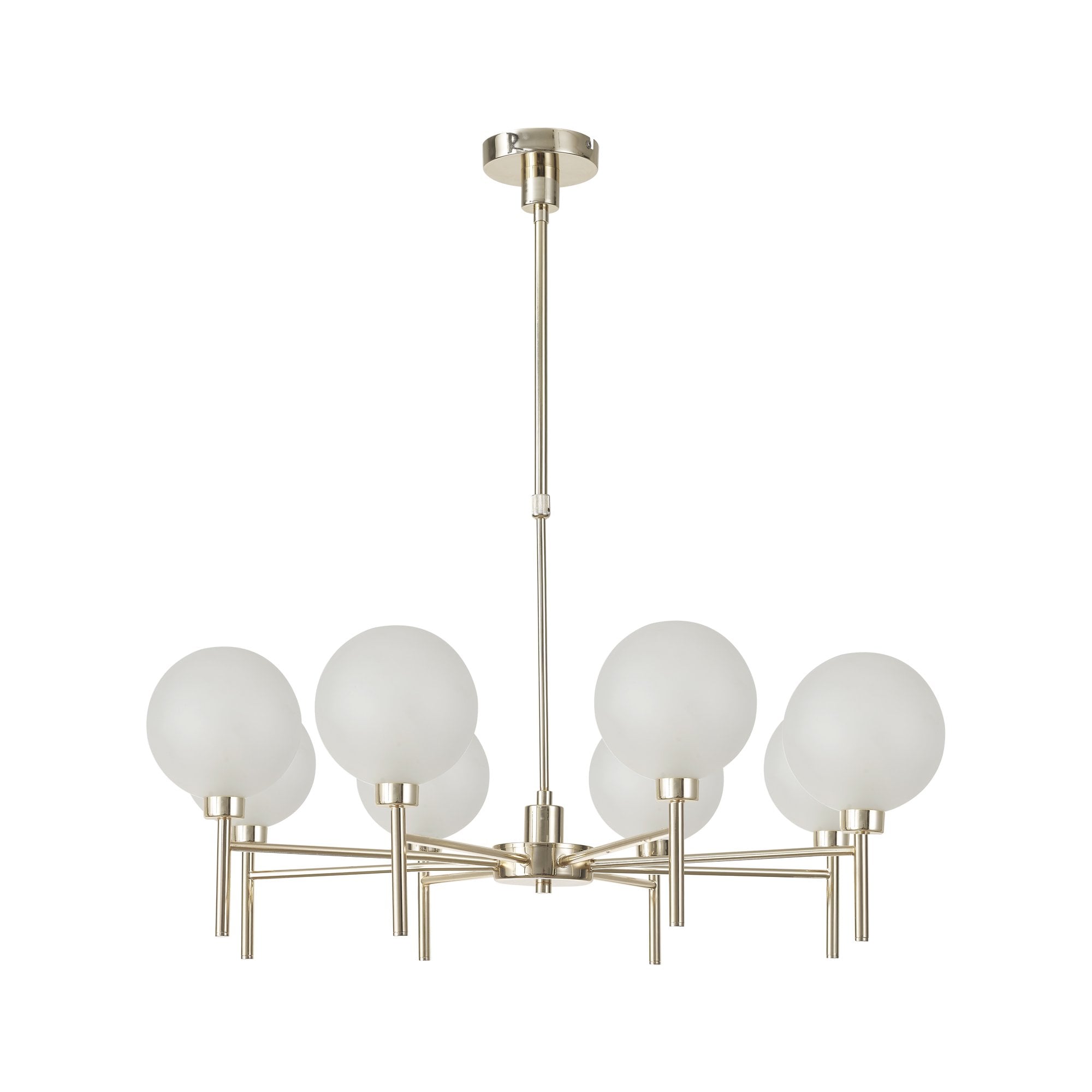 Fabula Tamworth 8 Light Telescopic Semi Flush - Round Shades with Inner Frosted Globes - French Gold & Frosted Glass