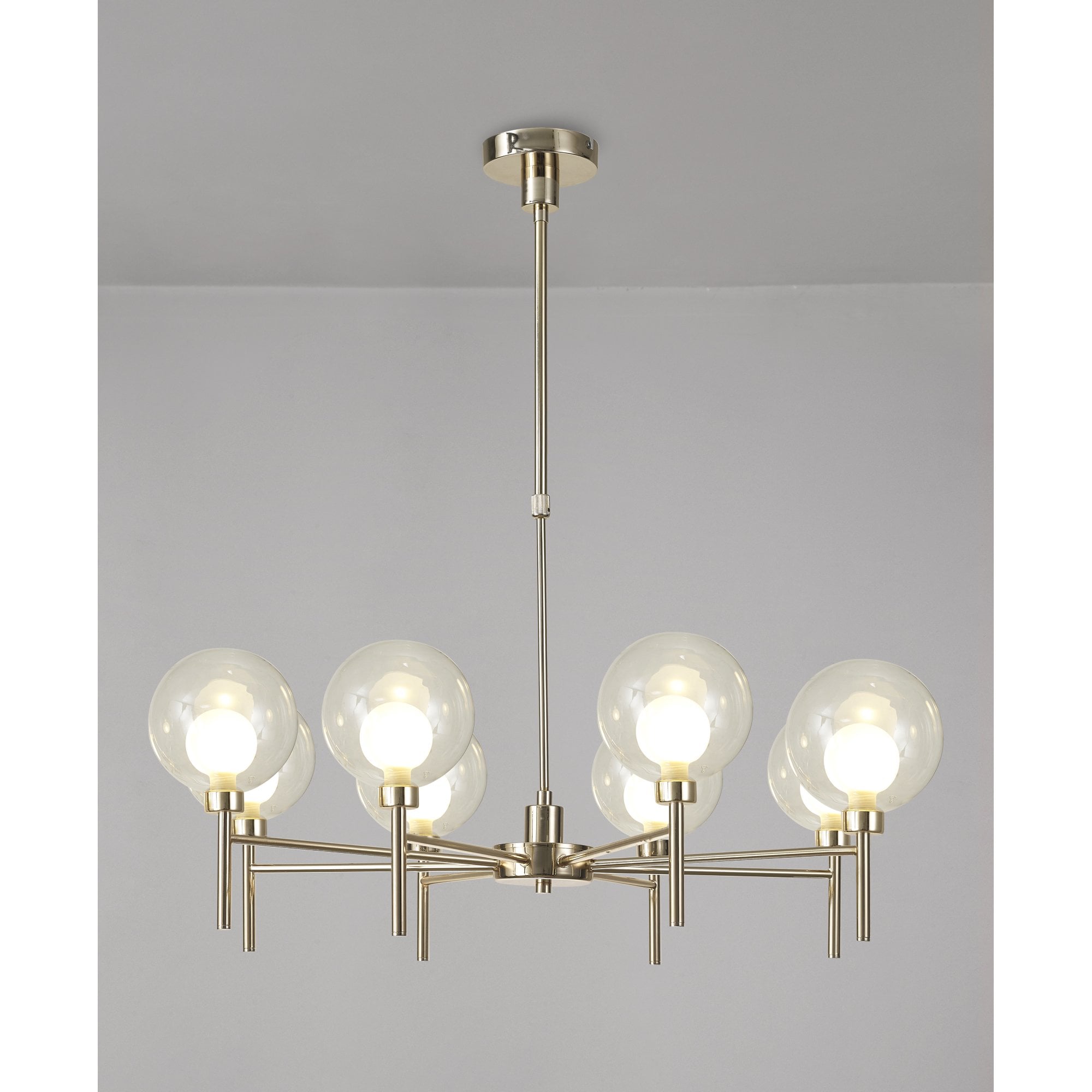 Fabula Tamworth 8 Light Telescopic Semi Flush - Round Shades with Inner Frosted Globes - French Gold, Clear & Frosted Glass