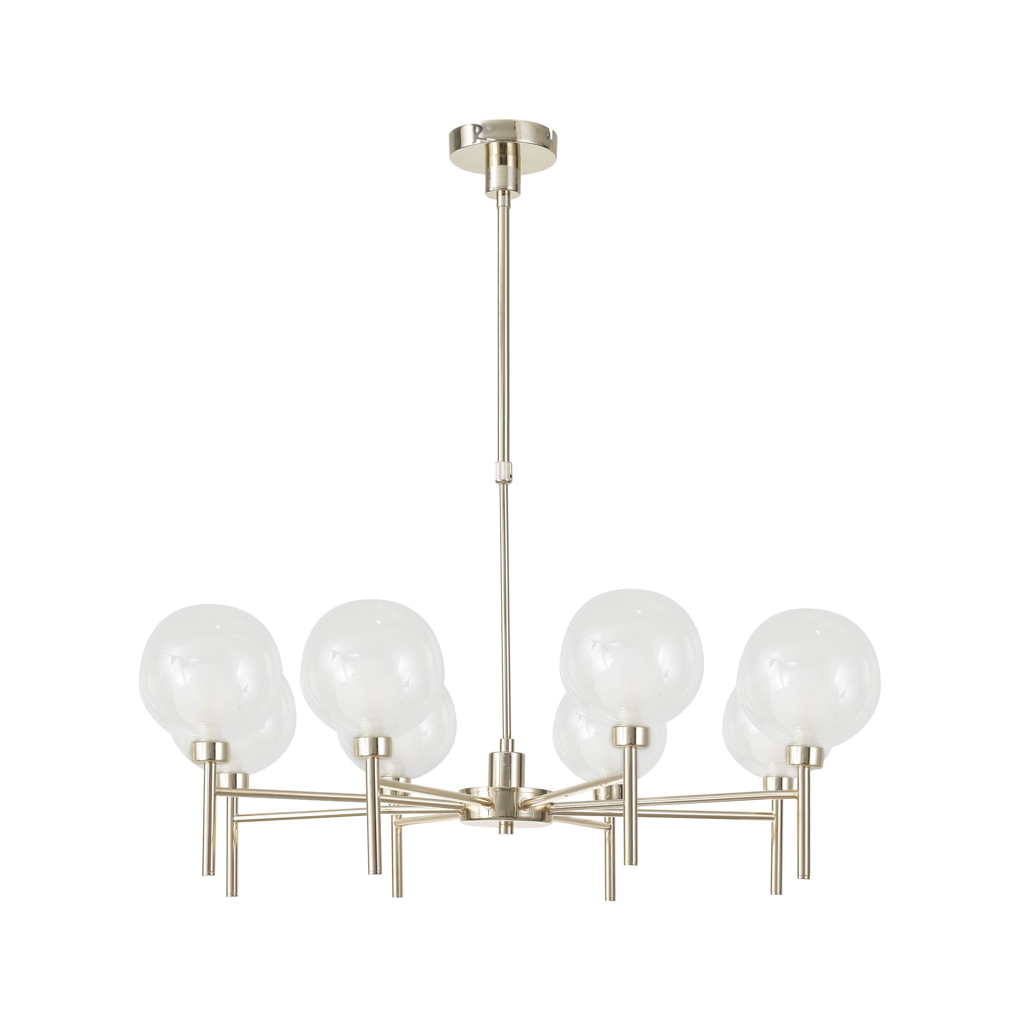 Fabula Tamworth 8 Light Telescopic Semi Flush - Round Shades with Inner Frosted Globes - French Gold, Clear & Frosted Glass