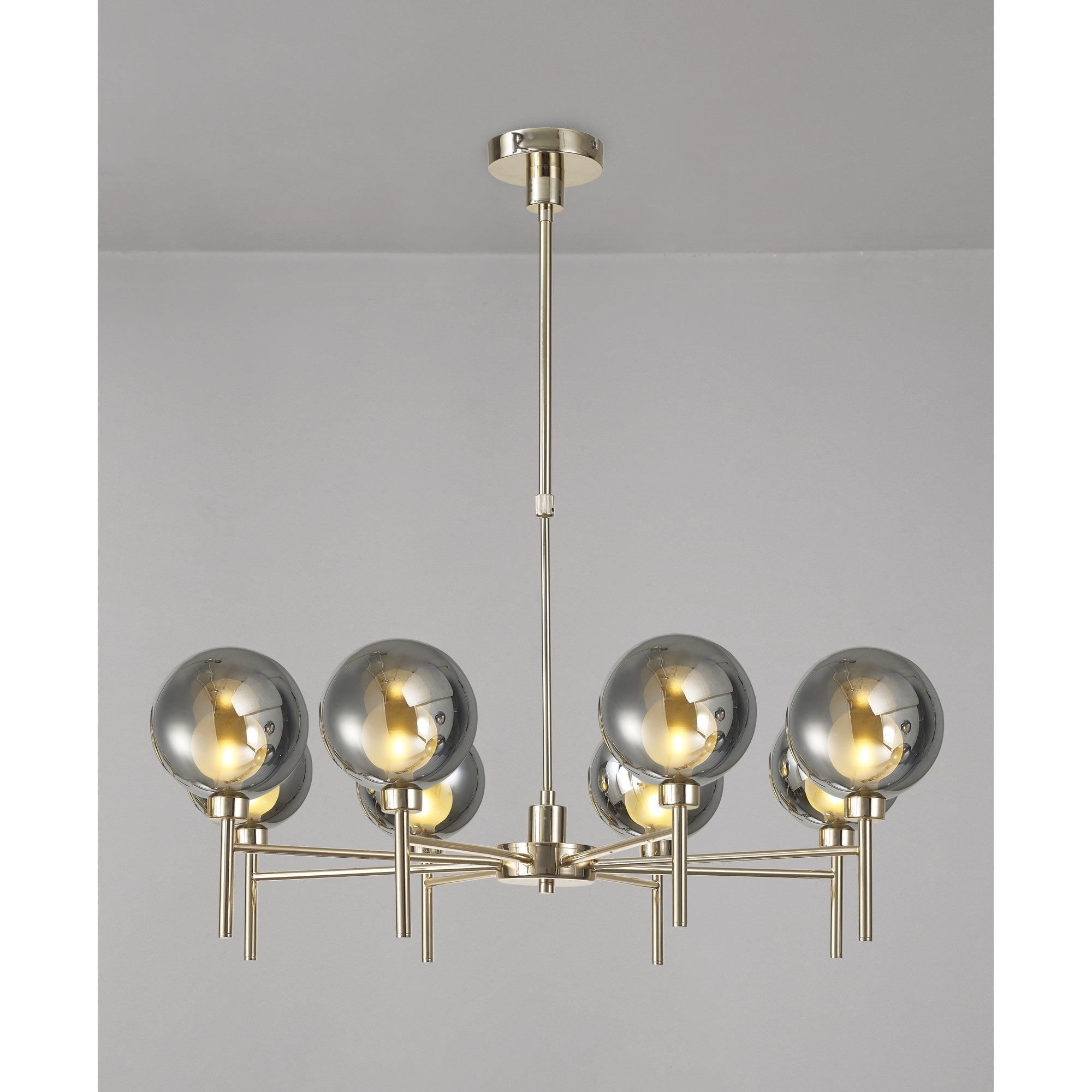 Fabula Tamworth 8 Light Telescopic Semi Flush - Round Shades with Inner Frosted Globes - French Gold, Chrome & Frosted Glass