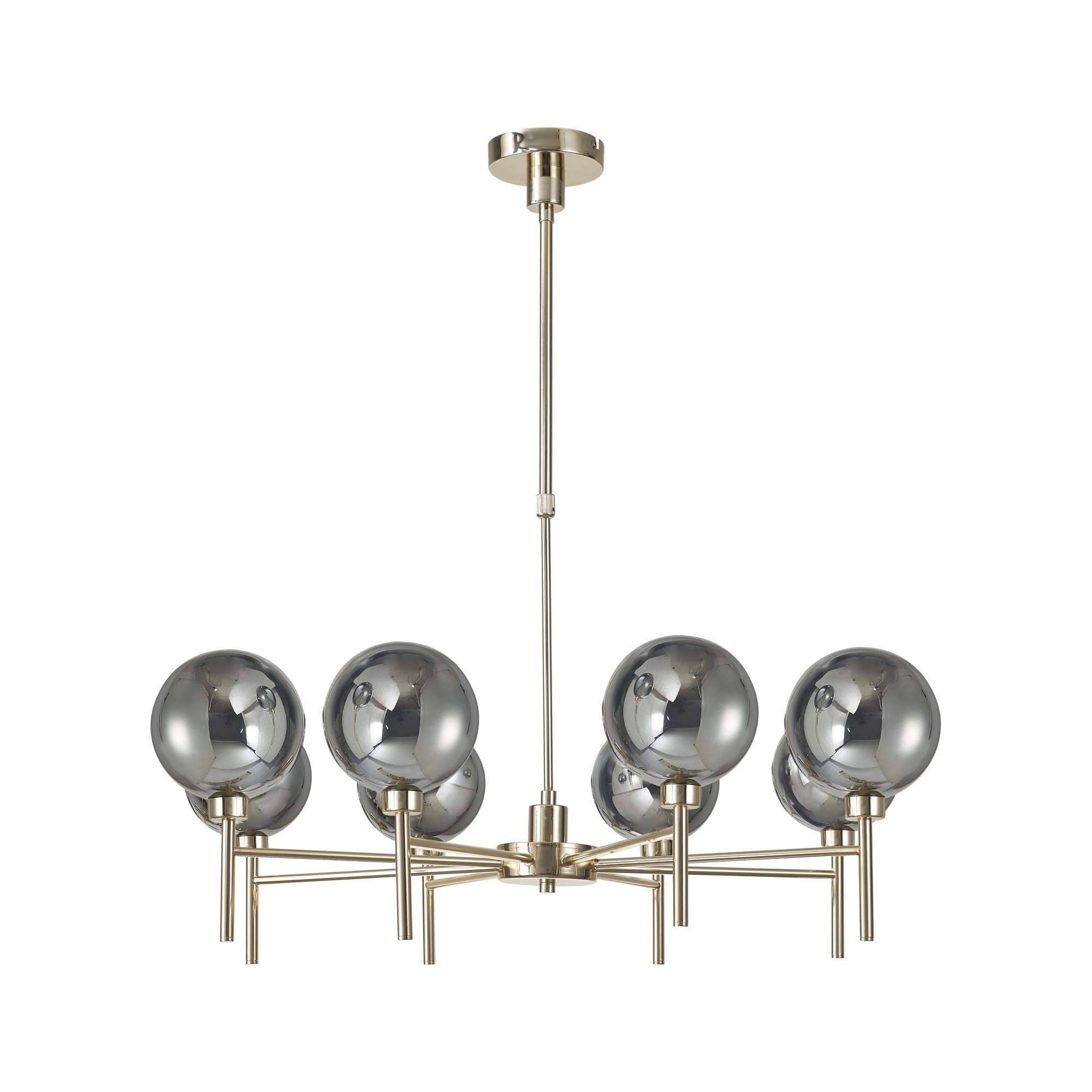 Fabula Tamworth 8 Light Telescopic Semi Flush - Round Shades with Inner Frosted Globes - French Gold, Chrome & Frosted Glass