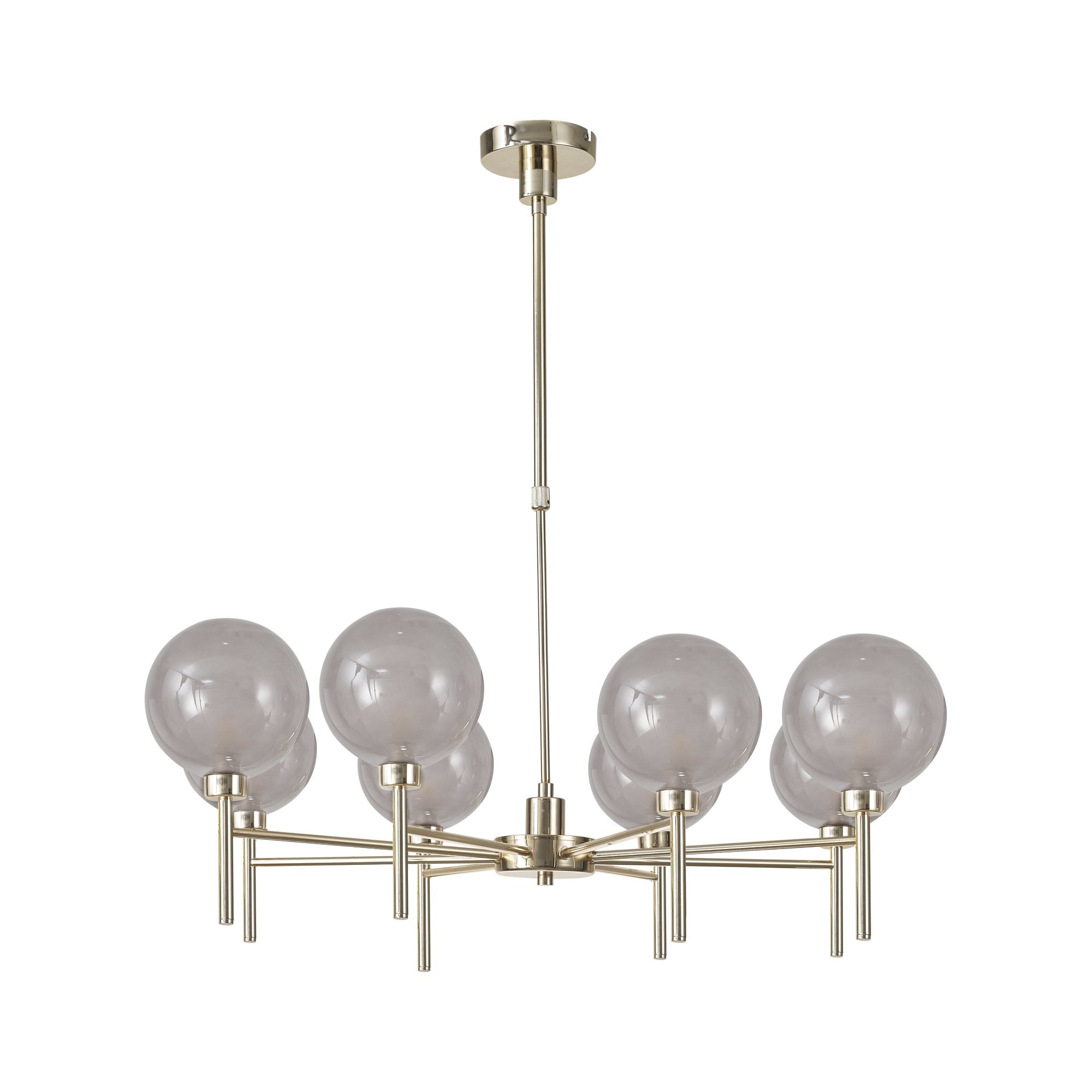 Fabula Tamworth 8 Light Telescopic Semi Flush - Round Shades with Inner Frosted Globes - French Gold, Smoked & Frosted Glass