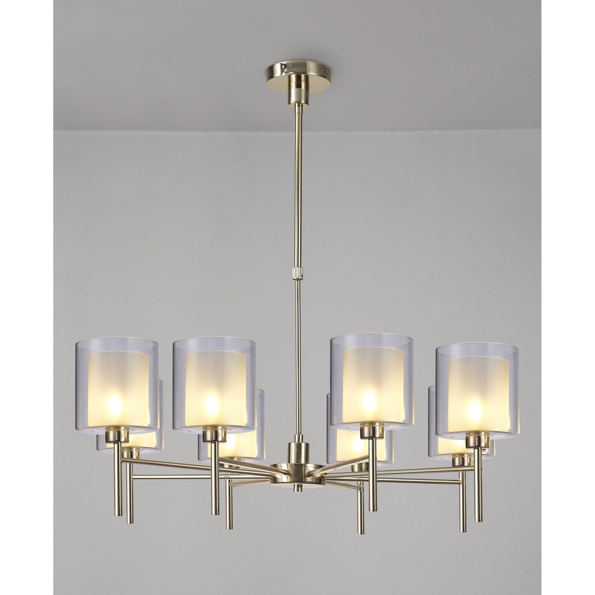 Fabula Tamworth 8 Light Telescopic Semi Flush - Medium Cylinder Shades with Clear Outer Glass - French Gold, Frosted & Clear Glass