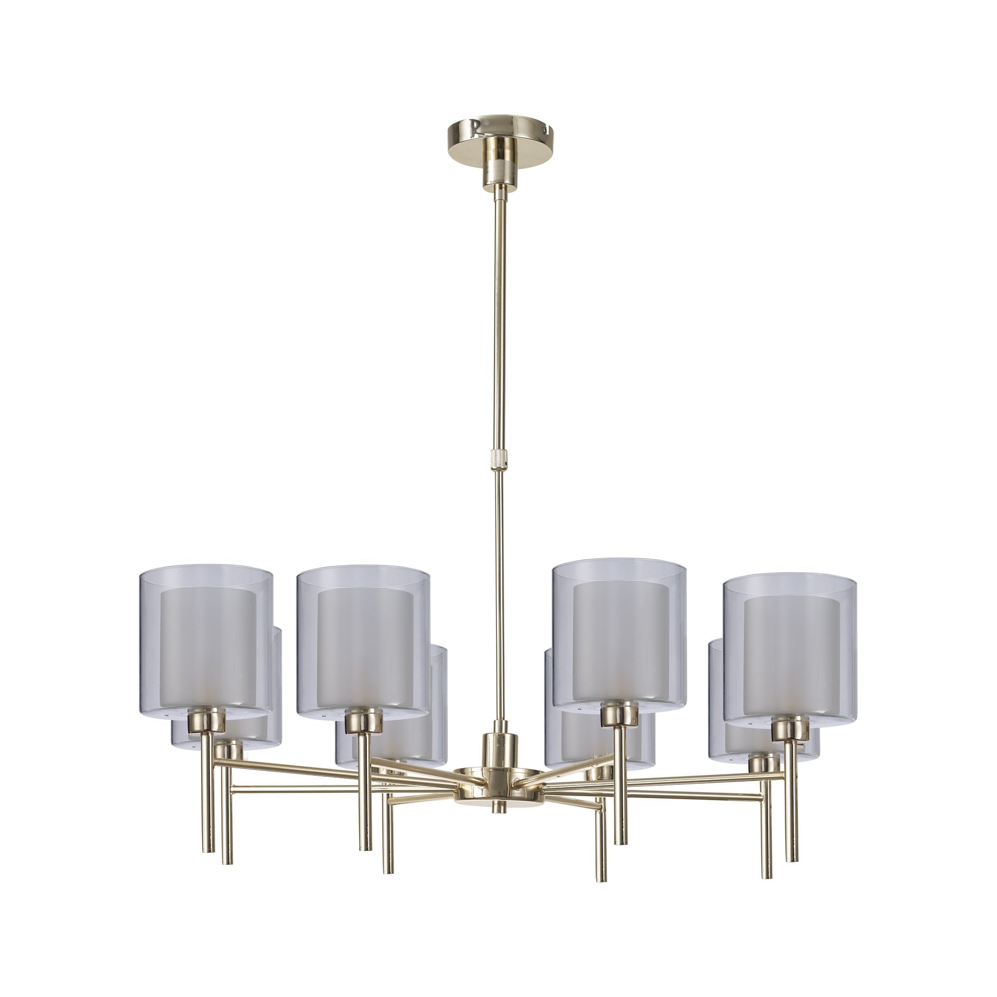Fabula Tamworth 8 Light Telescopic Semi Flush - Medium Cylinder Shades with Clear Outer Glass - French Gold, Frosted & Clear Glass