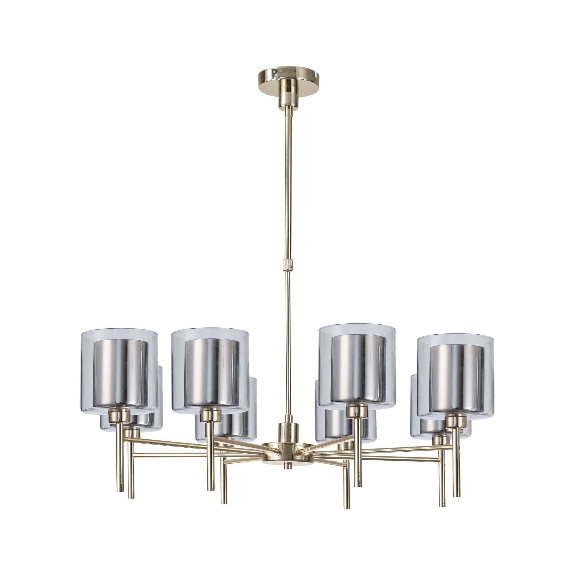 Fabula Tamworth 8 Light Telescopic Semi Flush - Medium Cylinder Shades with Clear Outer Glass - French Gold, Chrome & Clear Glass