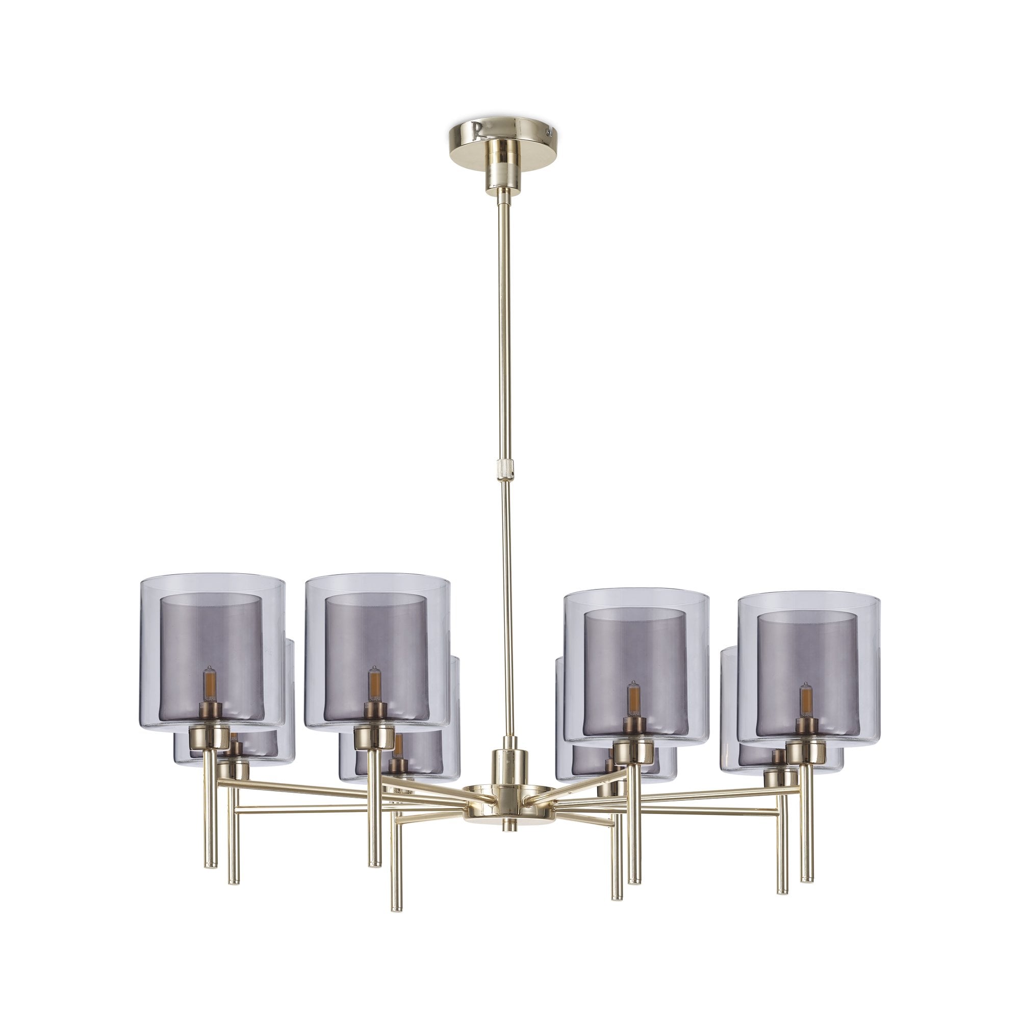Fabula Tamworth 8 Light Telescopic Semi Flush - Medium Cylinder Shades with Clear Outer Glass - French Gold, Smoked & Clear Glass
