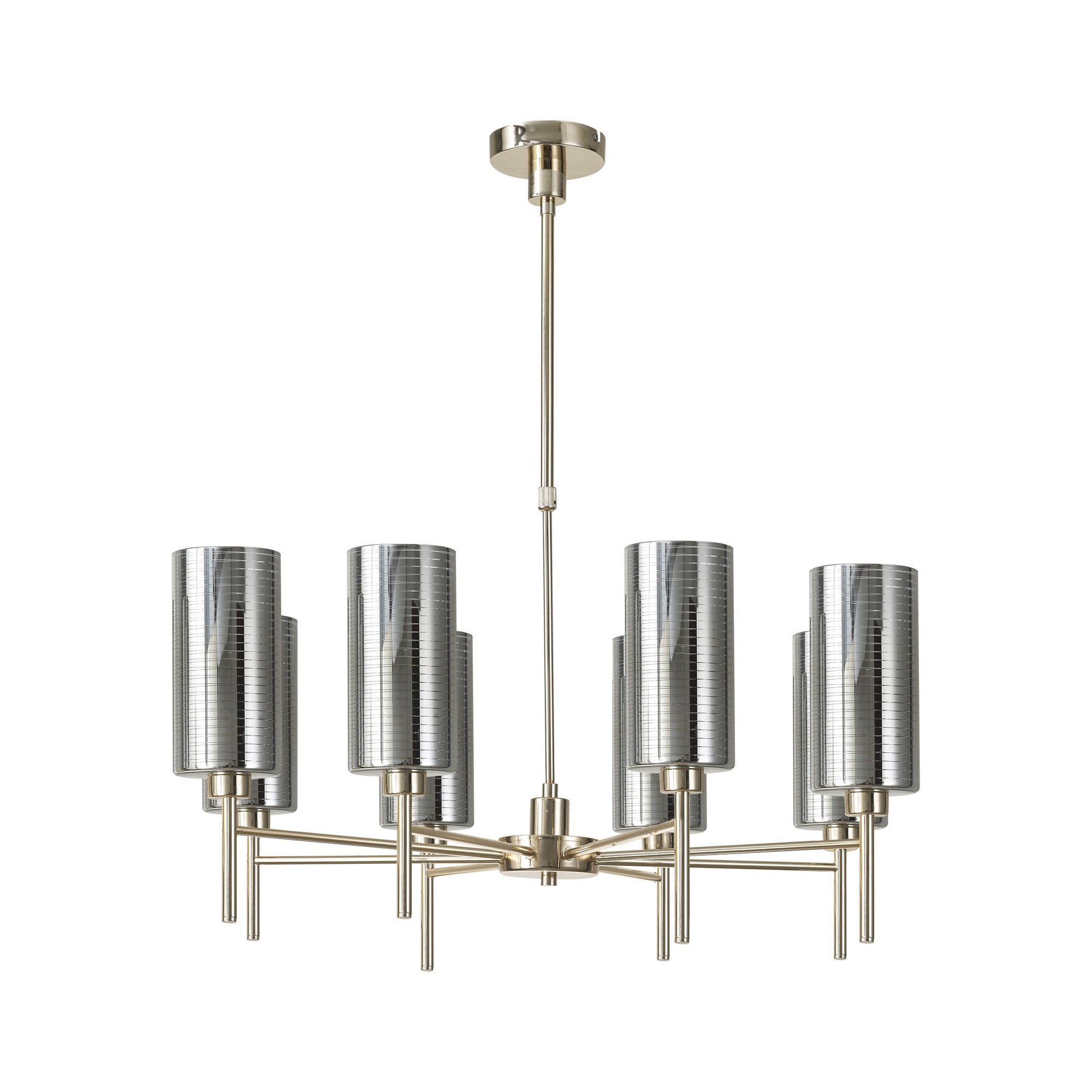 Fabula Tamworth 8 Light Telescopic Semi Flush - Tall Cylinder Shades - French Gold & Chrome Glass