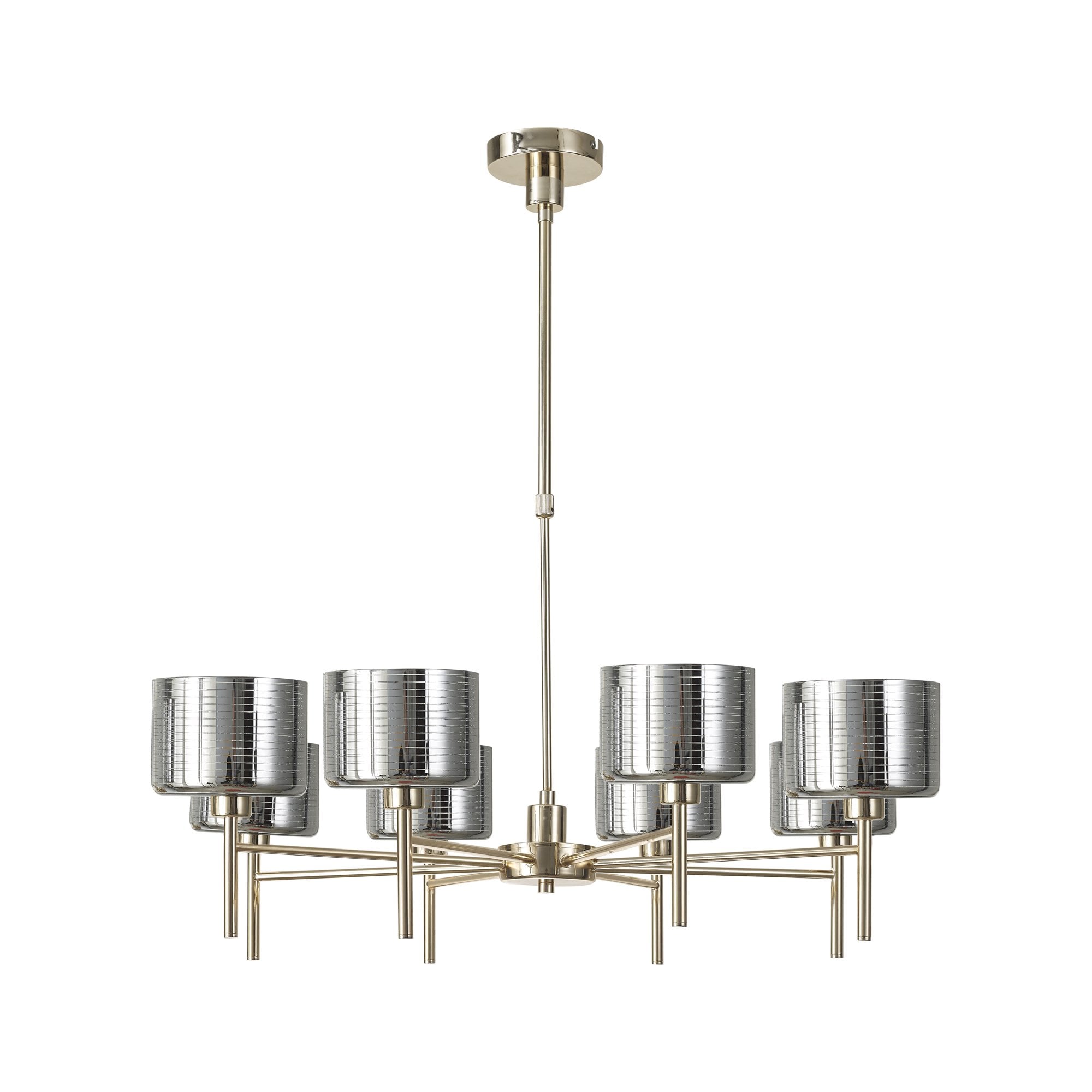 Fabula Tamworth 8 Light Telescopic Semi Flush - Short Cylinder Shades - French Gold & Chrome Lined Glass