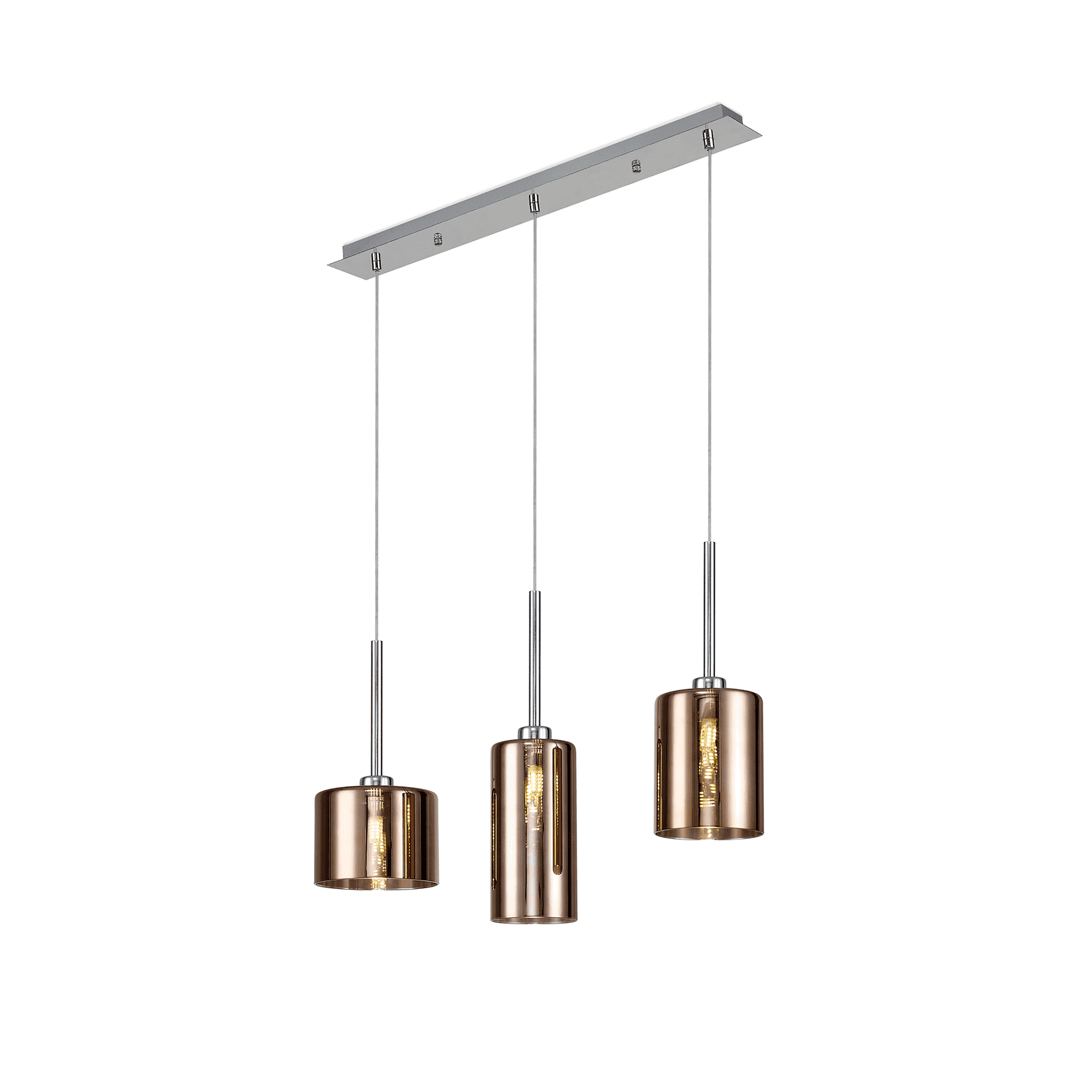 Fabula Tamworth 3 Light Linear Pendant - Mixed Cylinder Shades - Polished Chrome & Copper Glass