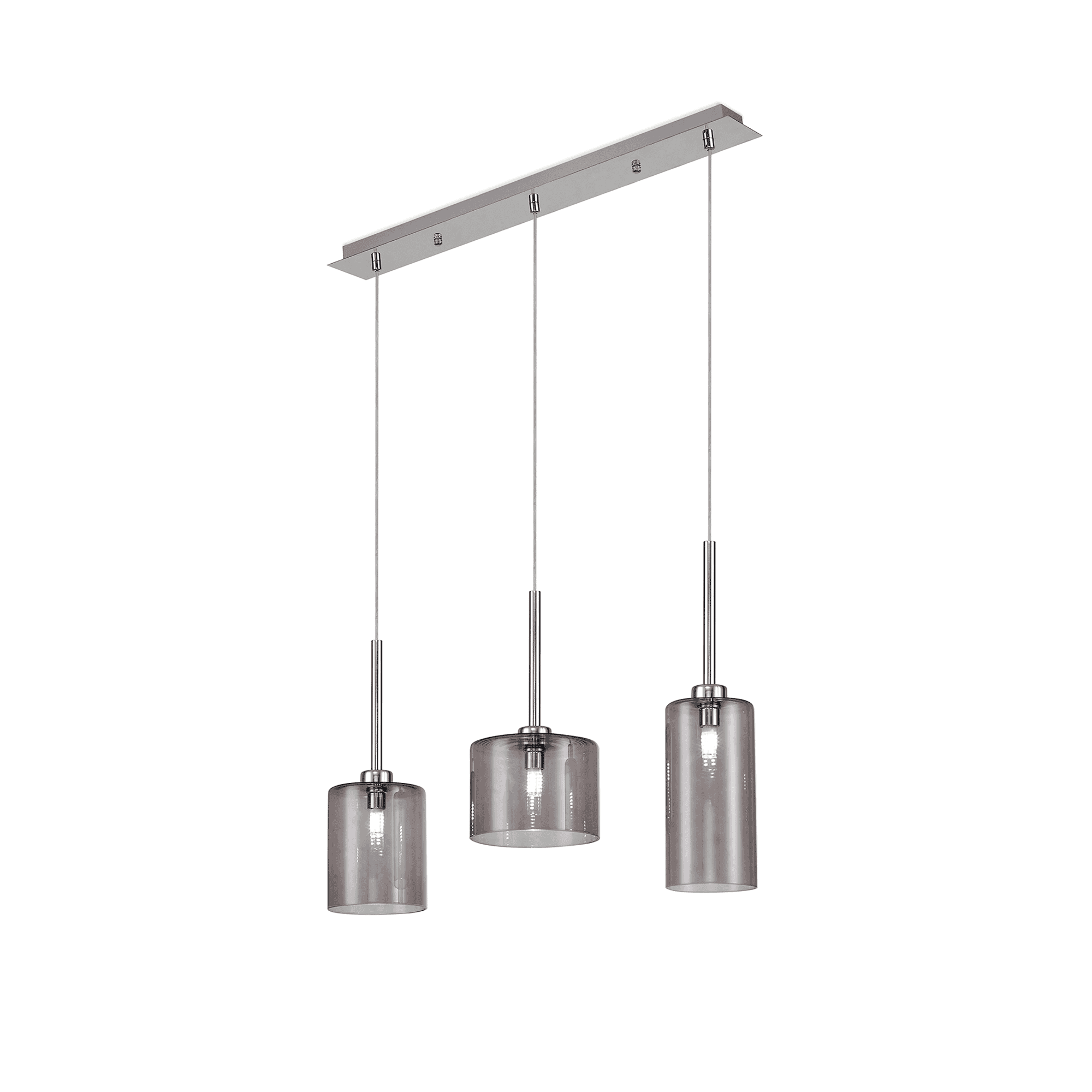 Fabula Tamworth 3 Light Linear Pendant - Mixed Cylinder Shades - Polished Chrome & Smoked Glass