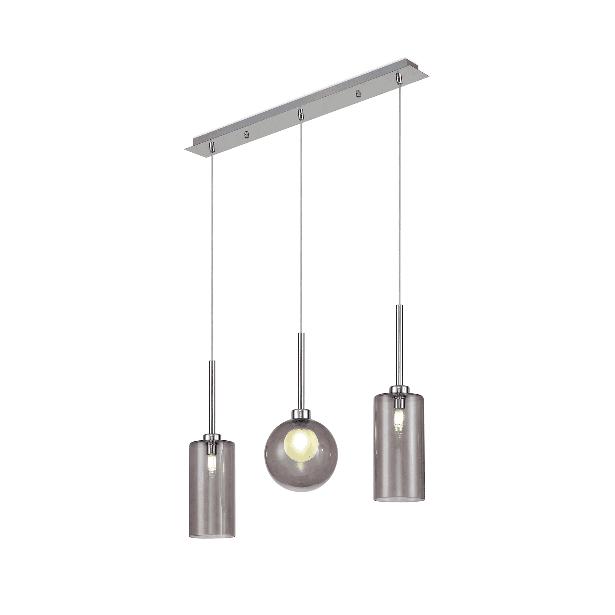 Fabula Tamworth 3 Light Linear Pendant - Mixed Shades A - Polished Chrome, Smoked & Frosted Glass