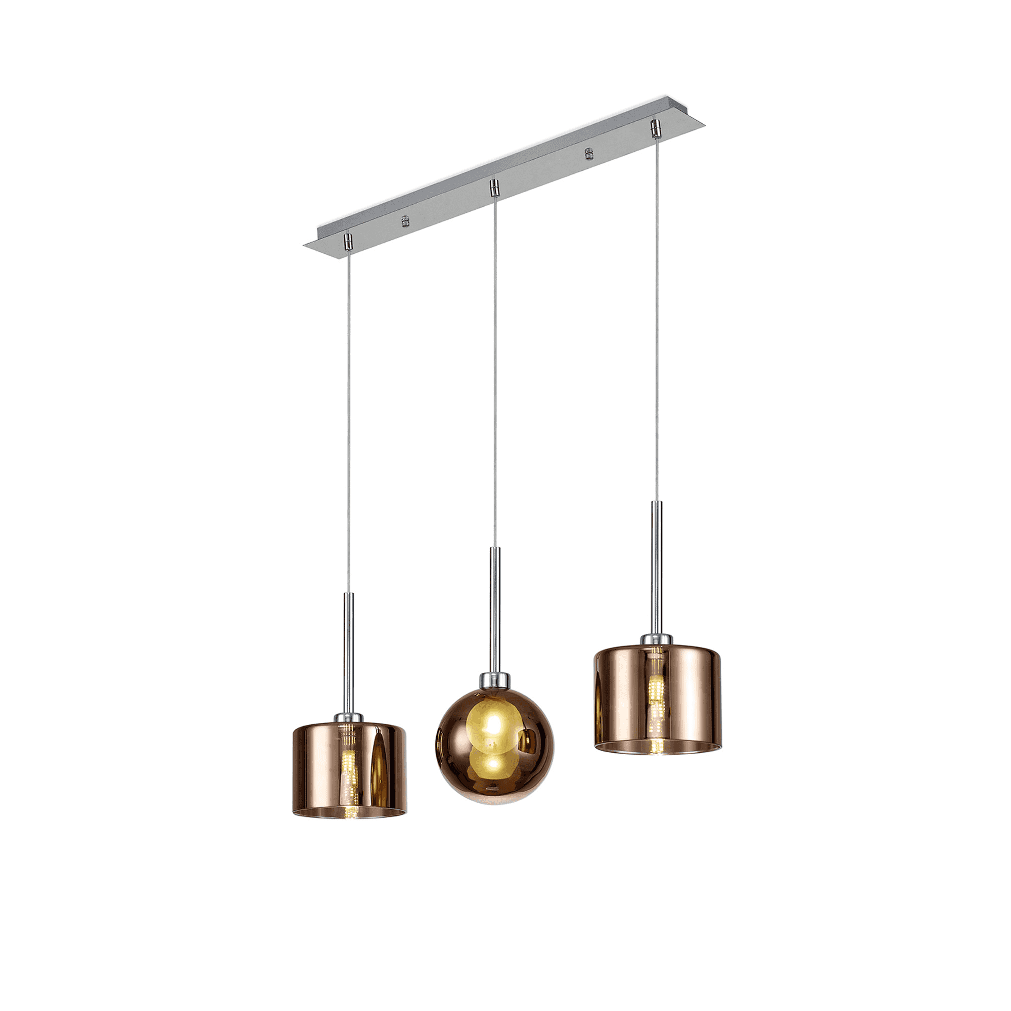 Fabula Tamworth 3 Light Linear Pendant - Mixed Shades C - Polished Chrome, Copper & Frosted Glass
