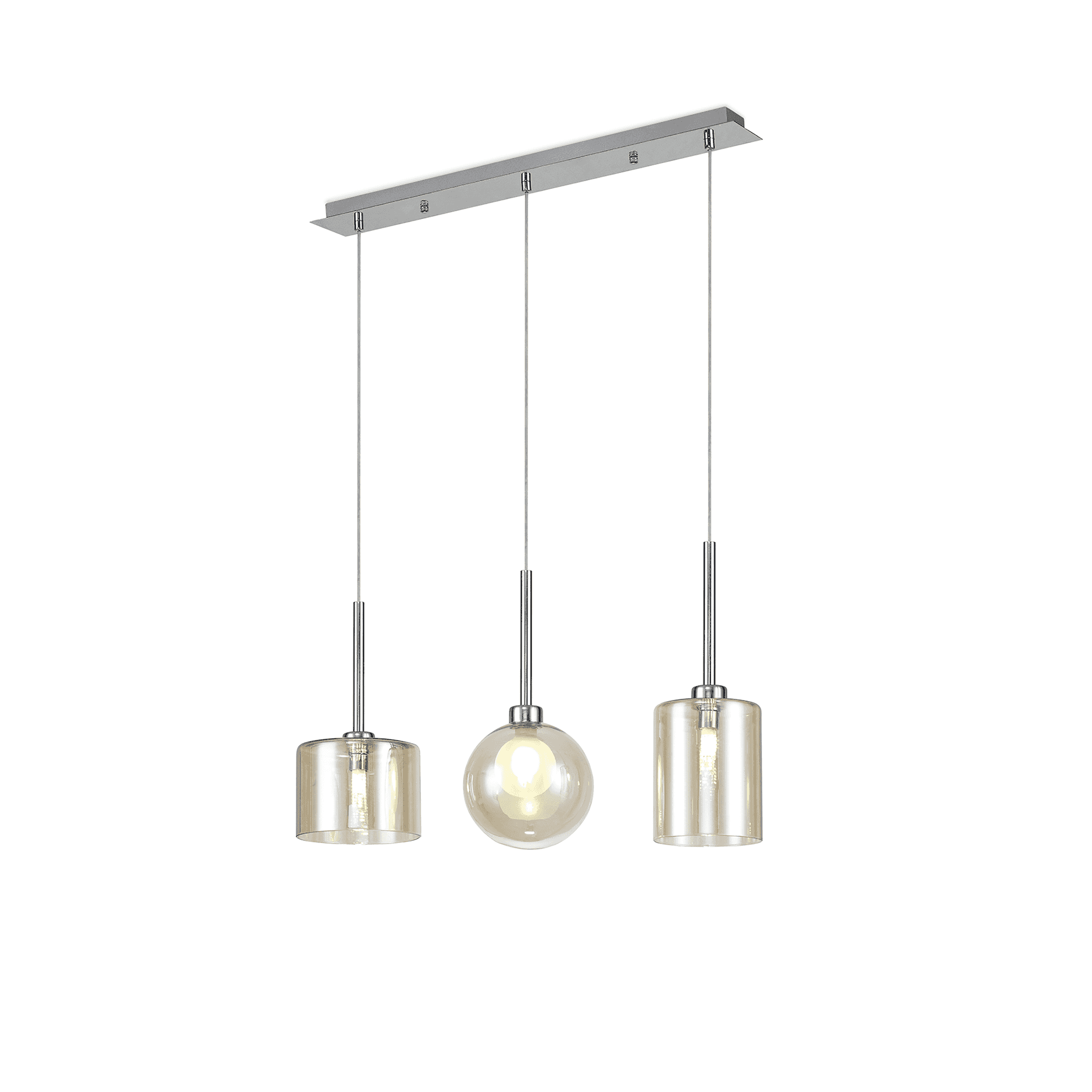 Fabula Tamworth 3 Light Linear Pendant - Mixed Shades F - Polished Chrome, Cognac & Frosted Glass