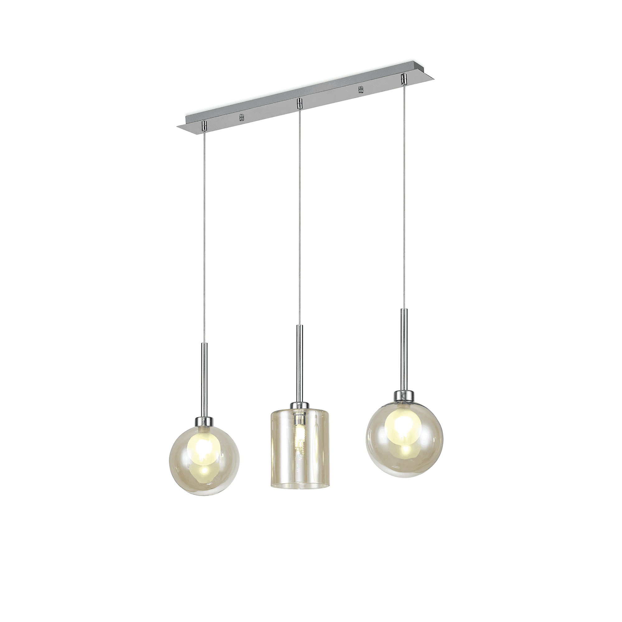 Fabula Tamworth 3 Light Linear Pendant - Mixed Shades C - Polished Chrome, Cognac & Frosted Glass