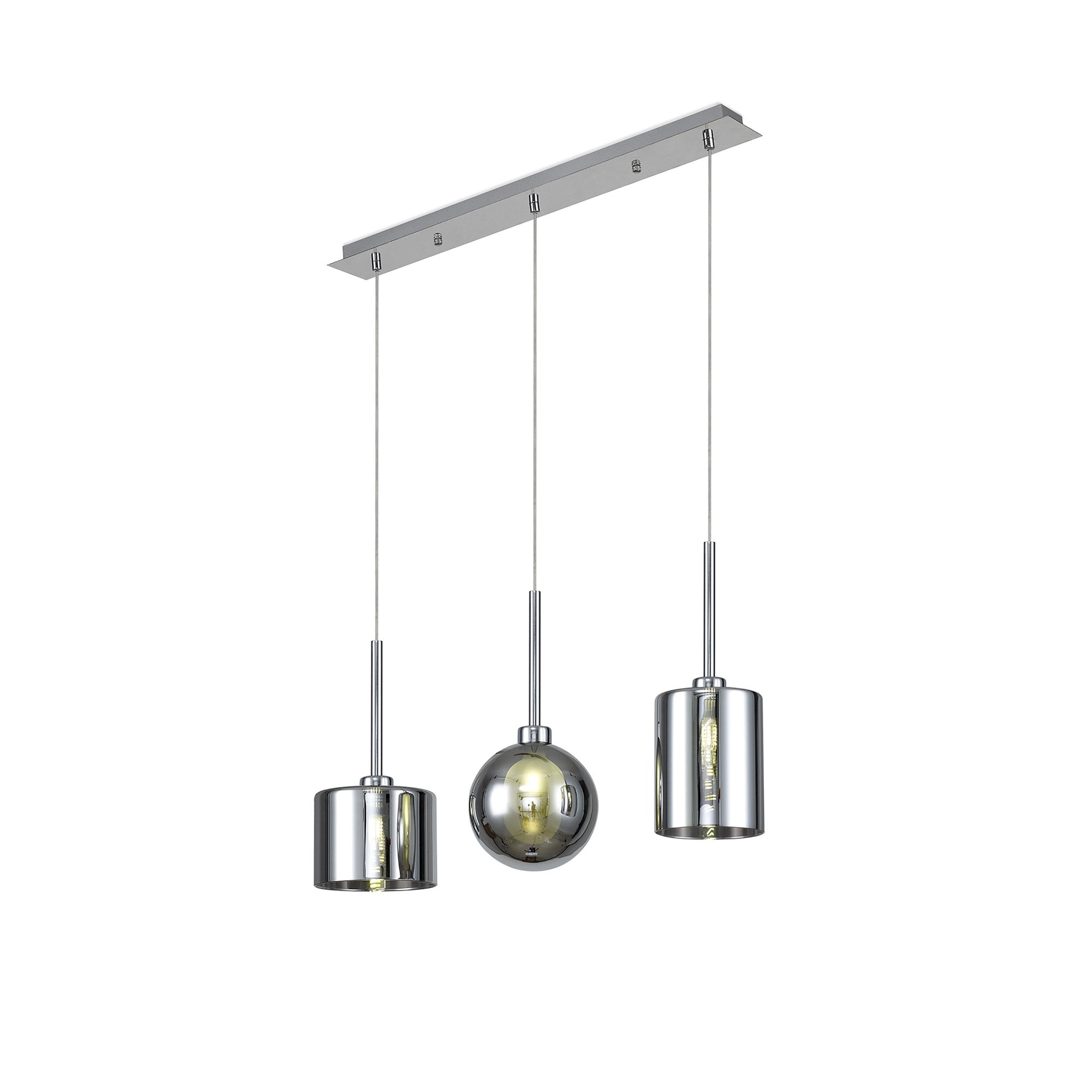Fabula Tamworth 3 Light Linear Pendant - Mixed Shades F - Polished Chrome, Chrome & Frosted Glass