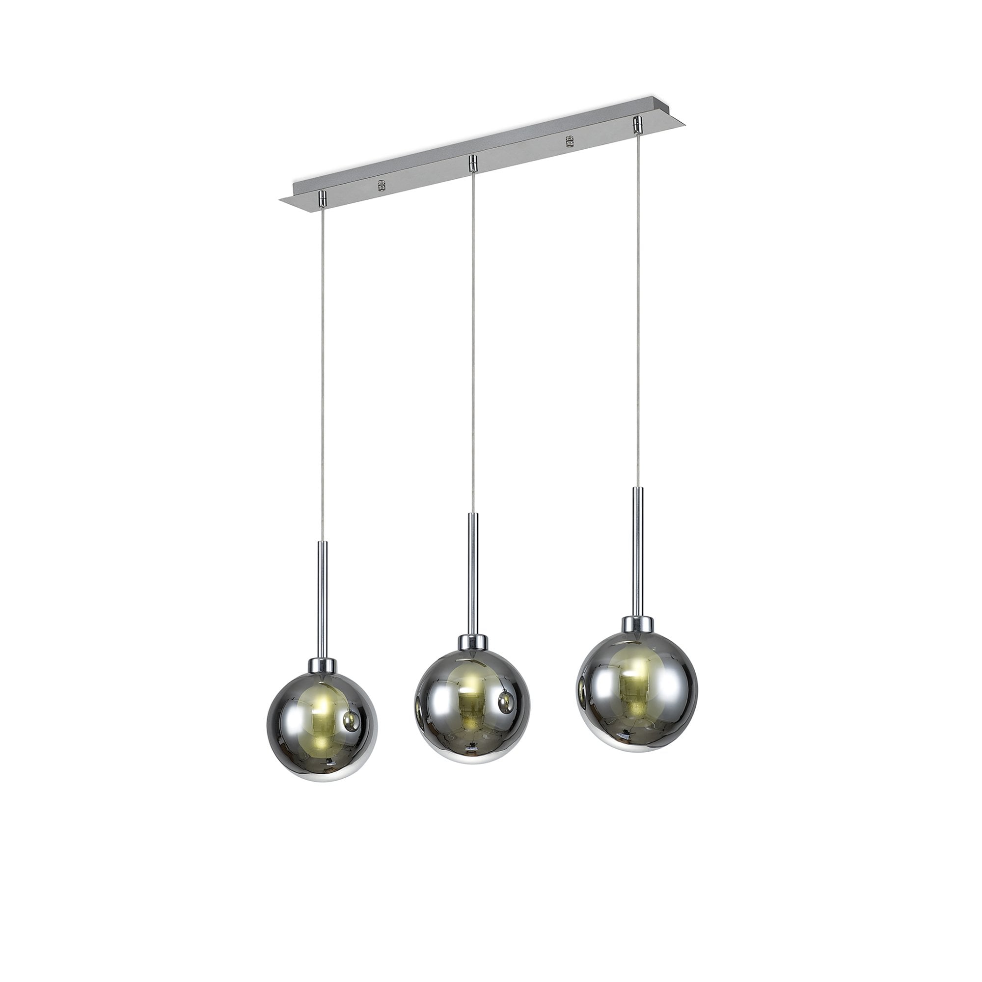 Fabula Tamworth 3 Light Linear Pendant - Round Shades with Inner Frosted Globes - Polished Chrome, Chrome & Frosted Glass