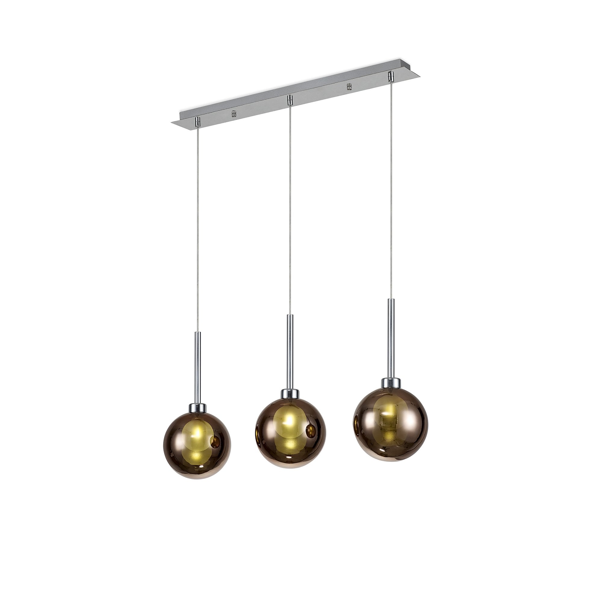 Fabula Tamworth 3 Light Linear Pendant - Round Shades with Inner Frosted Globes - Polished Chrome, Copper & Frosted Glass