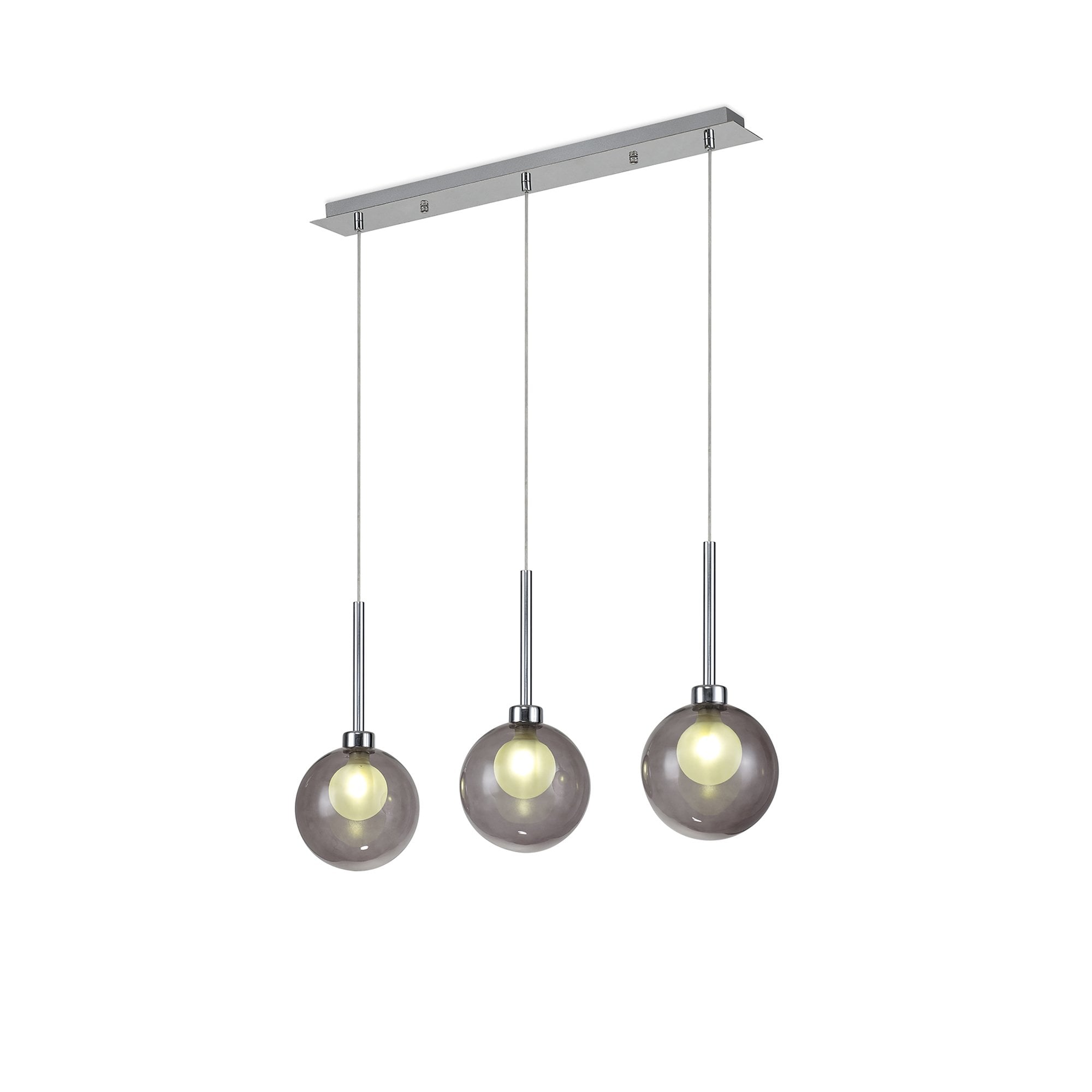 Fabula Tamworth 3 Light Linear Pendant - Round Shades with Inner Frosted Globes - Polished Chrome, Smoked & Frosted Glass