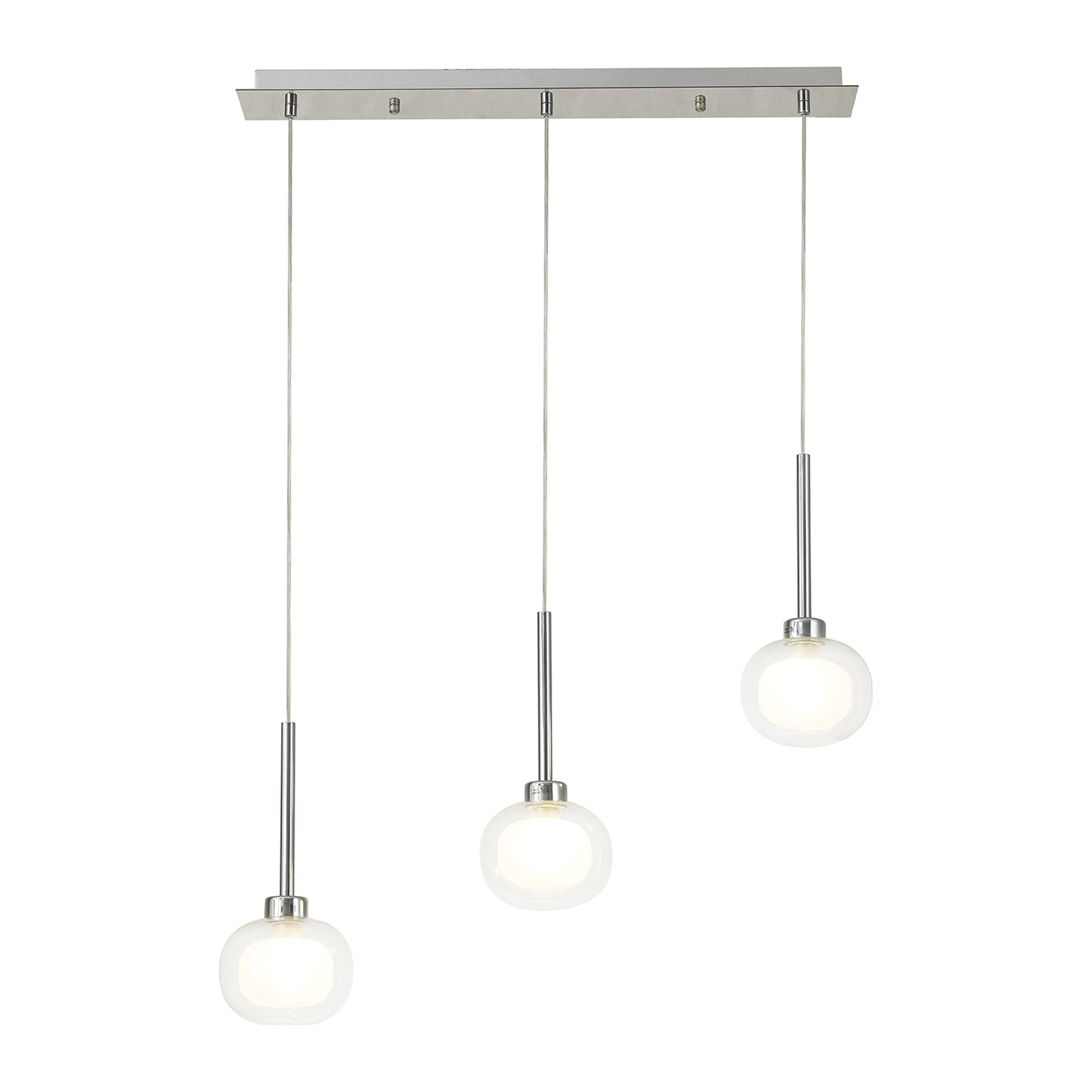 Fabula Tamworth 3 Light Linear Pendant - Flattened Round Shades with Inner Frosted Globes - Polished Chrome, Clear & Frosted Glass