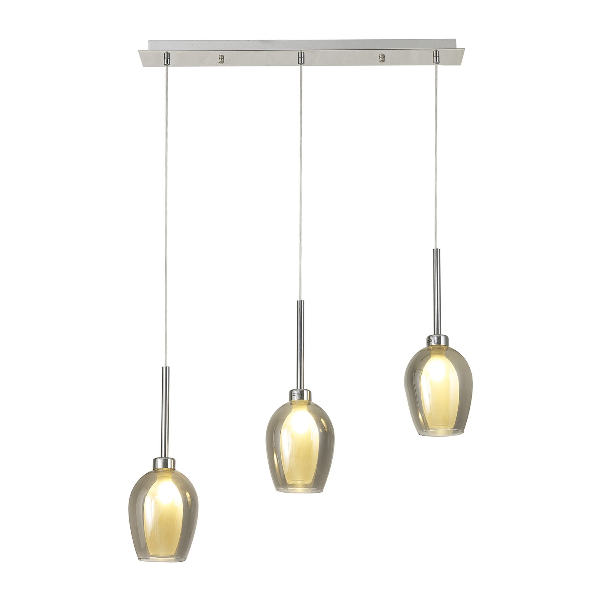 Fabula Tamworth 3 Light Linear Pendant - Wine Glass Shades with Inner Frosted Glass - Polished Chrome, Smoked & Frosted Glass