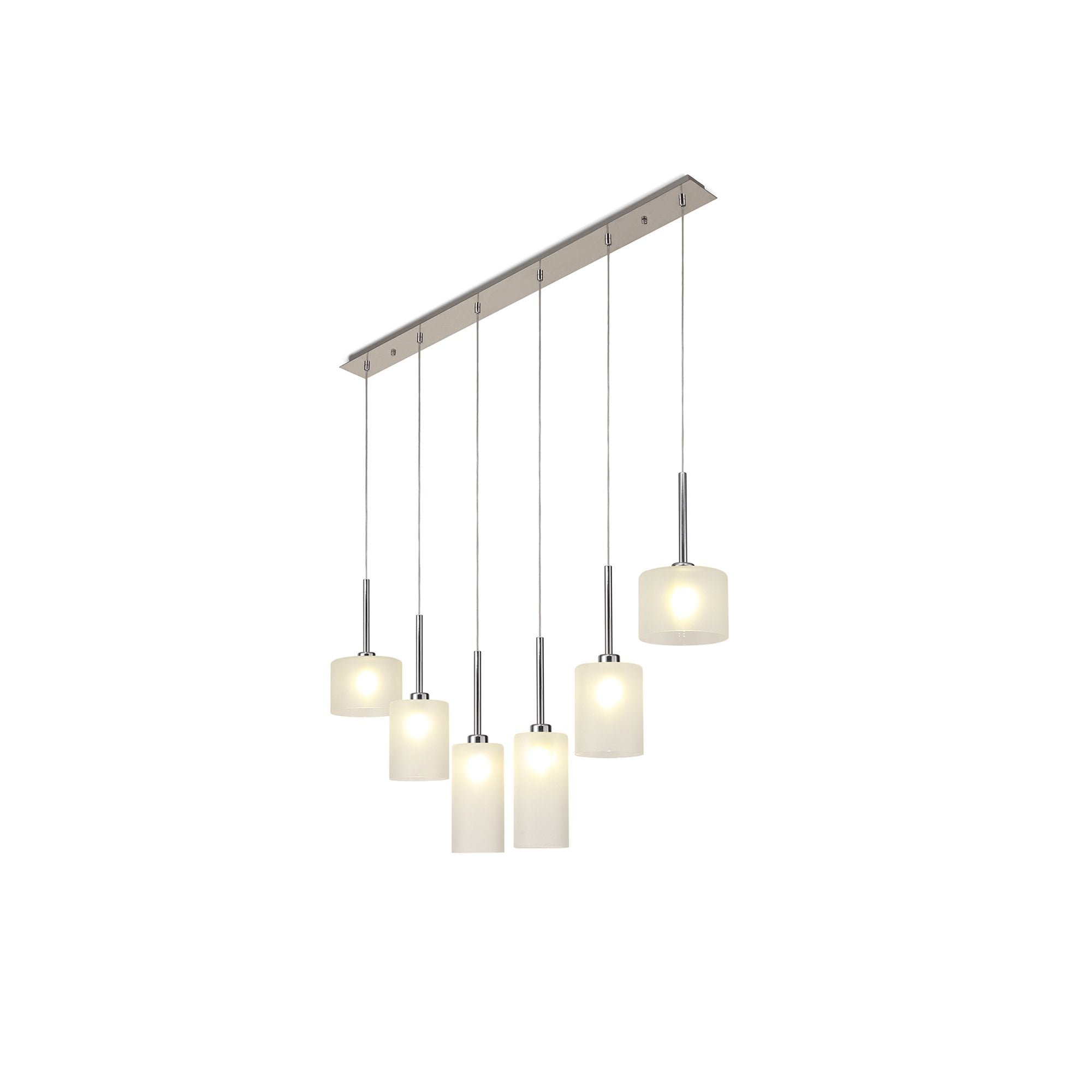 Fabula Tamworth 6 Light Linear Pendant - Mixed Cylinder Shades - Polished Chrome & Frosted Glass