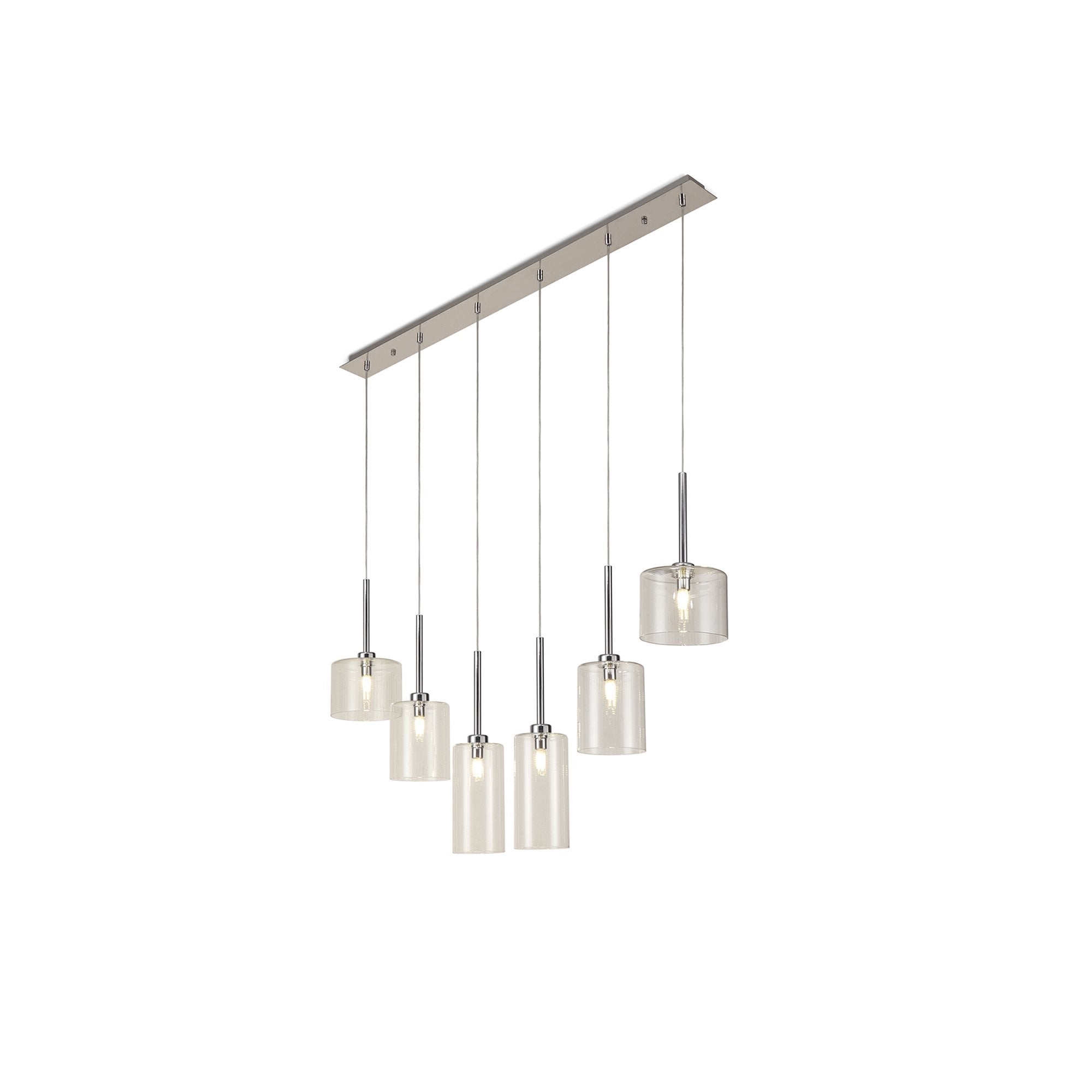 Fabula Tamworth 6 Light Linear Pendant - Mixed Cylinder Shades - Polished Chrome & Clear Glass