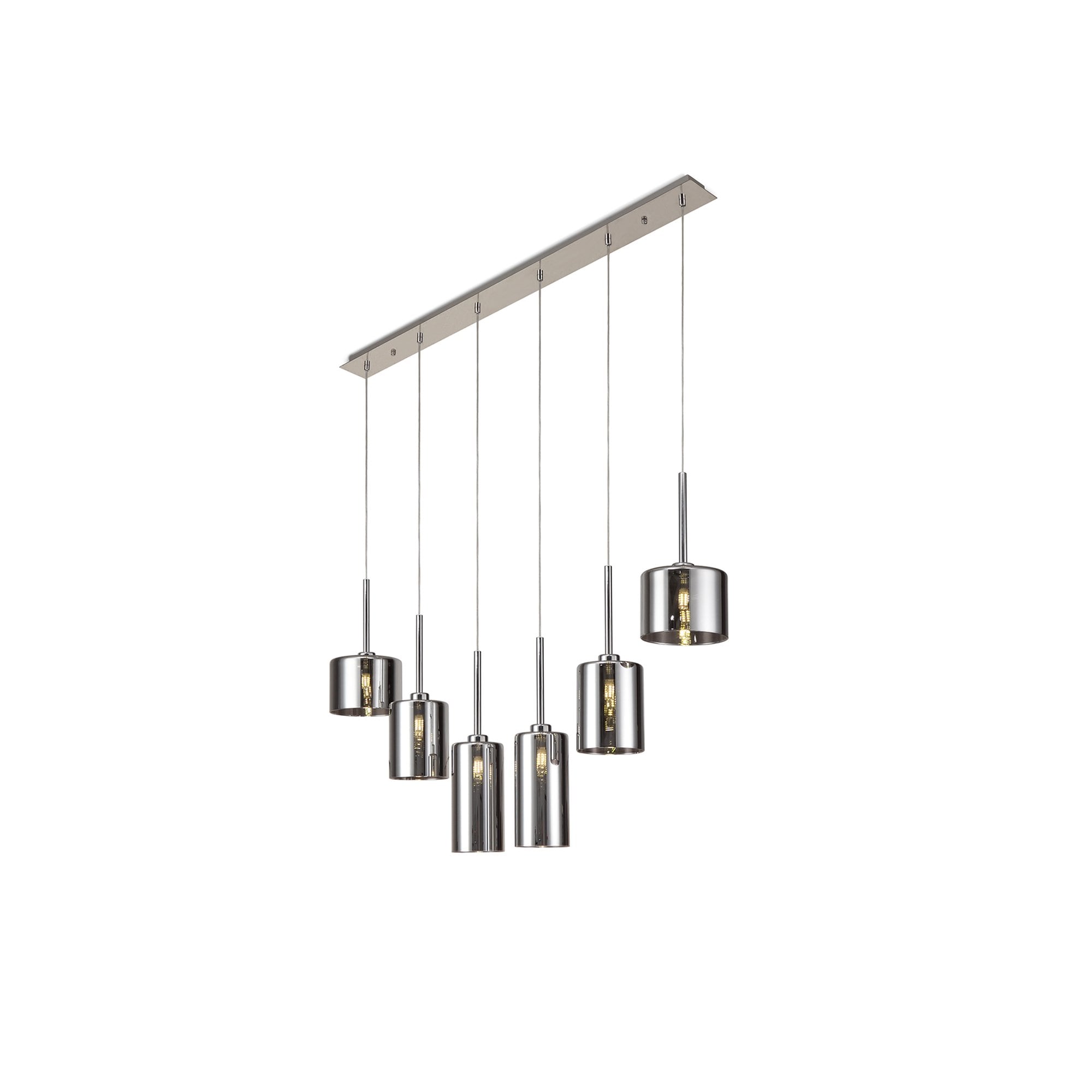 Fabula Tamworth 6 Light Linear Pendant - Mixed Cylinder Shades - Polished Chrome & Chrome Glass