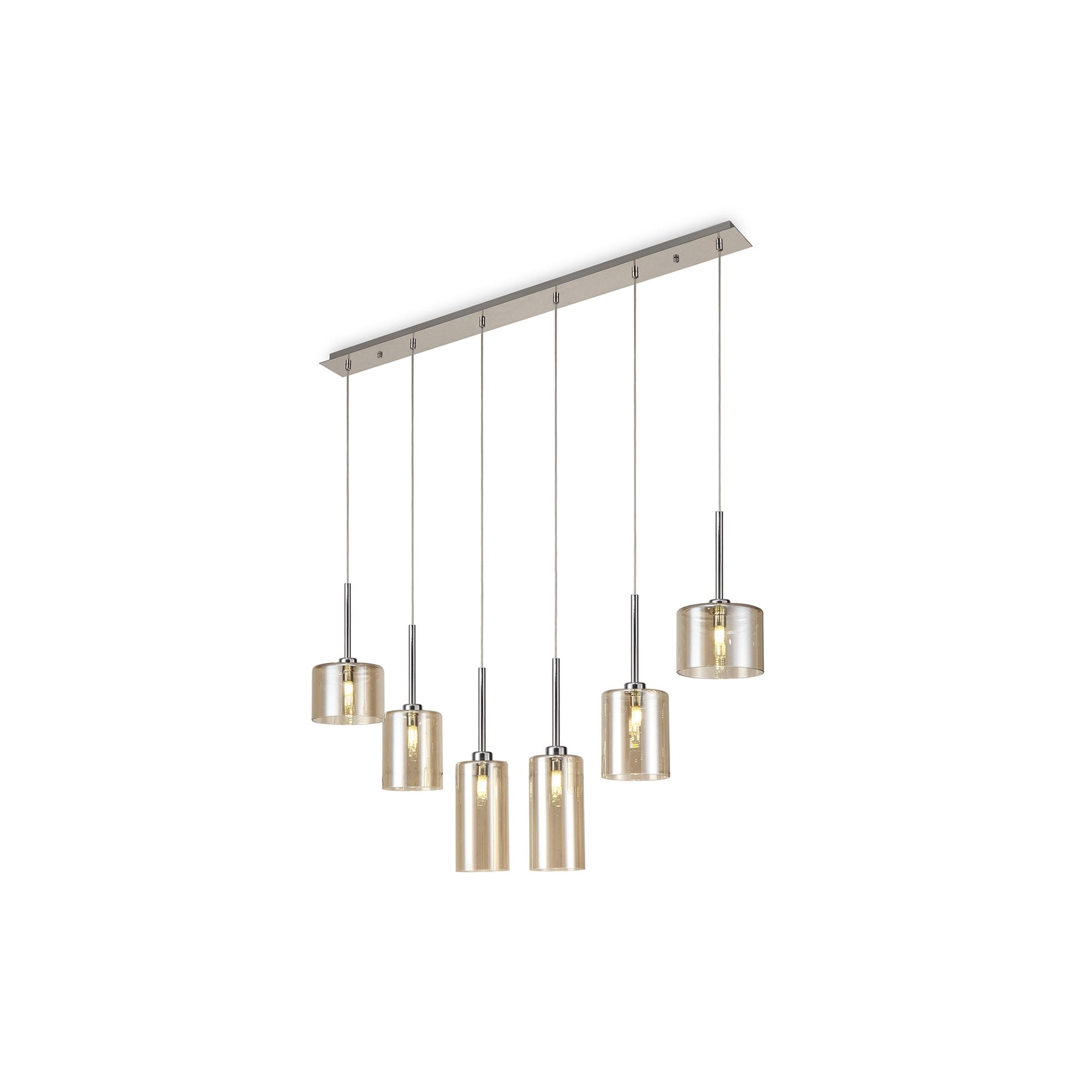 Fabula Tamworth 6 Light Linear Pendant - Mixed Cylinder Shades - Polished Chrome & Cognac Glass