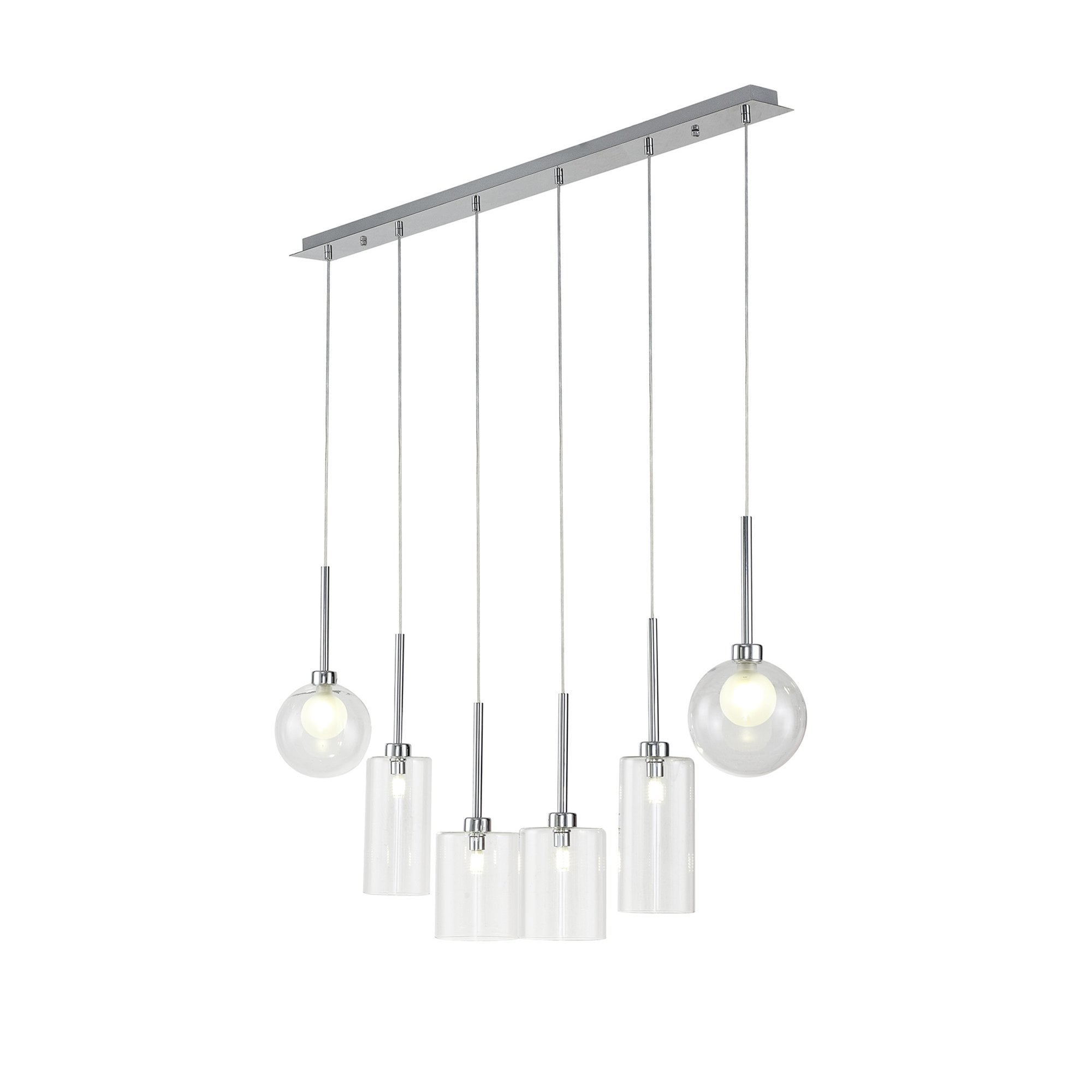 Fabula Tamworth 6 Light Linear Pendant - Mixed Shades D - Polished Chrome, Clear & Frosted Glass