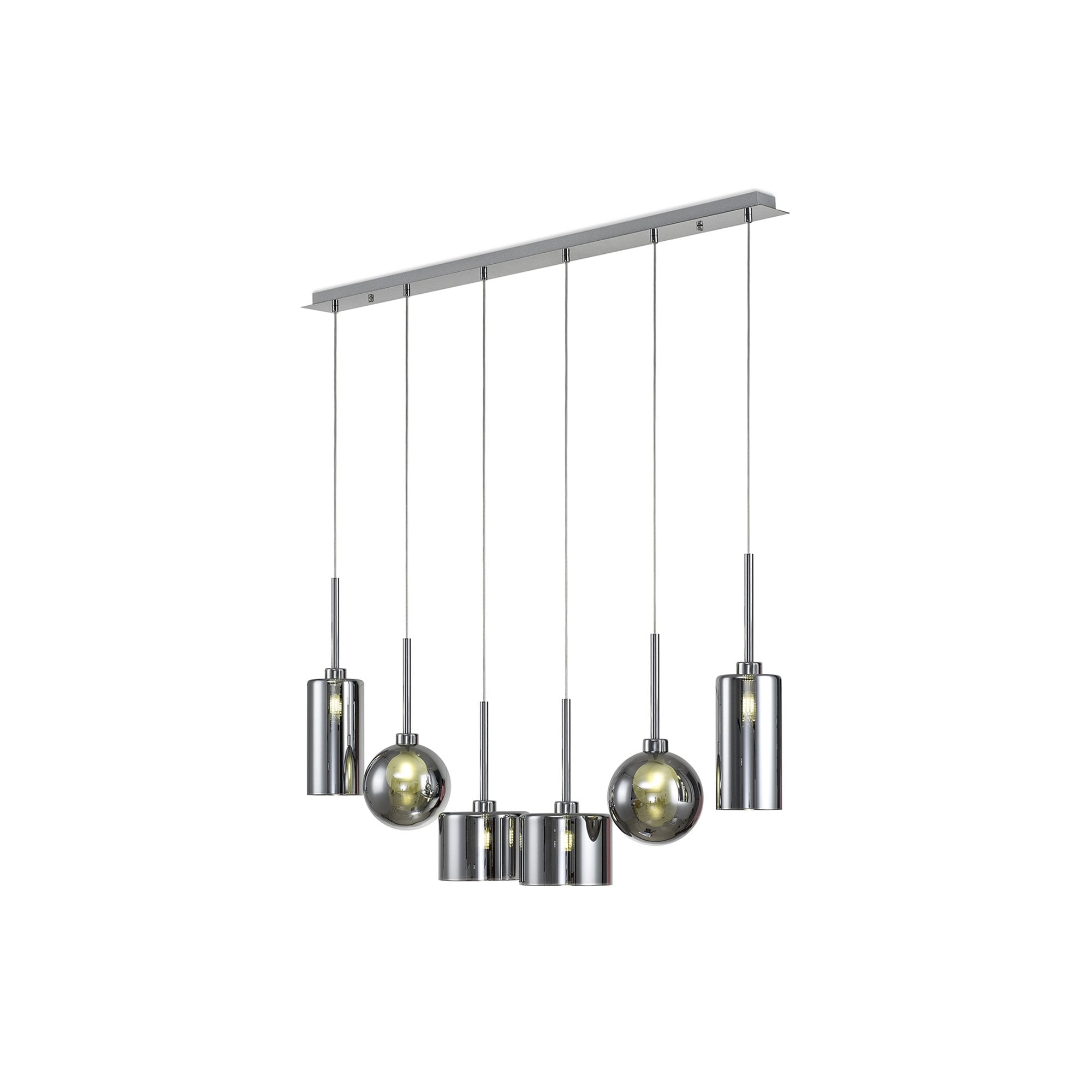 Fabula Tamworth 6 Light Linear Pendant - Mixed Shades E - Polished Chrome, Chrome & Frosted Glass