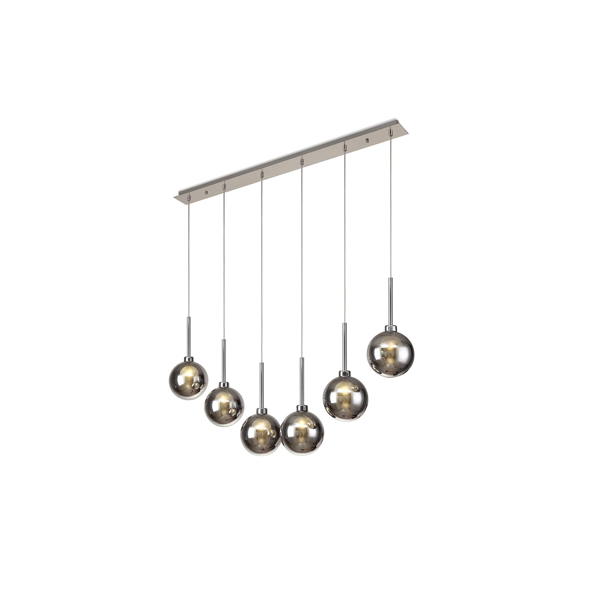 Fabula Tamworth 6 Light Linear Pendant - Round Shades with Inner Frosted Globes - Polished Chrome, Chrome & Frosted Glass