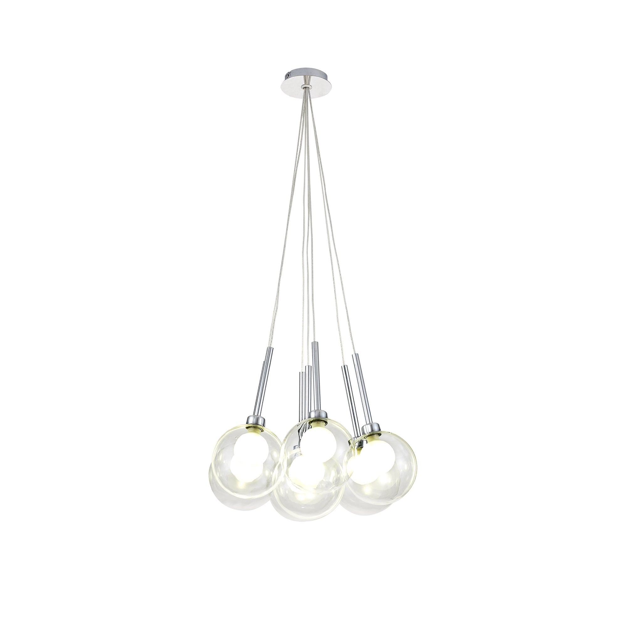 Fabula Tamworth 7 Light Cluster Pendant - Round Shades with Inner Frosted Globes - Polished Chrome, Clear & Frosted Glass