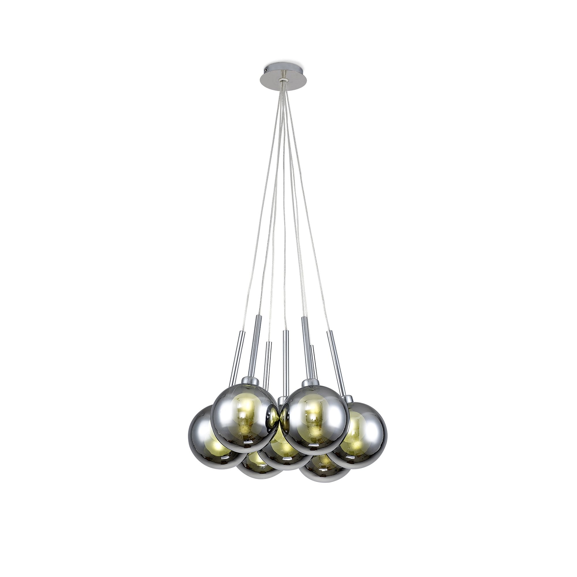 Fabula Tamworth 7 Light Cluster Pendant - Round Shades with Inner Frosted Globes - Polished Chrome, Chrome & Frosted Glass