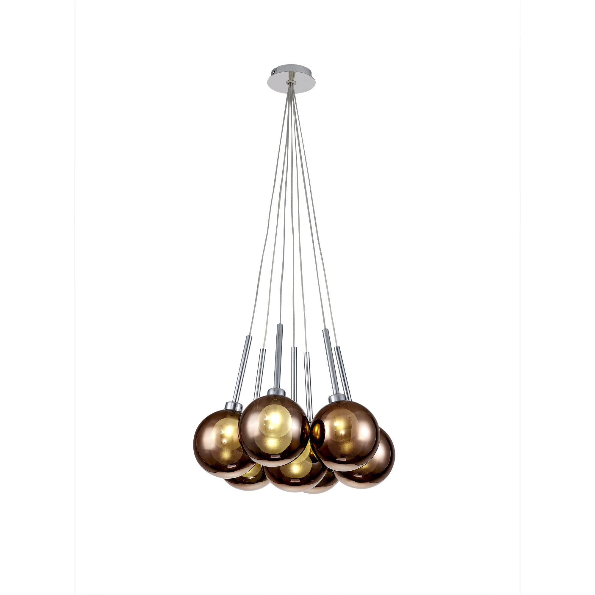 Fabula Tamworth 7 Light Cluster Pendant - Round Shades with Inner Frosted Globes - Polished Chrome, Copper & Frosted Glass