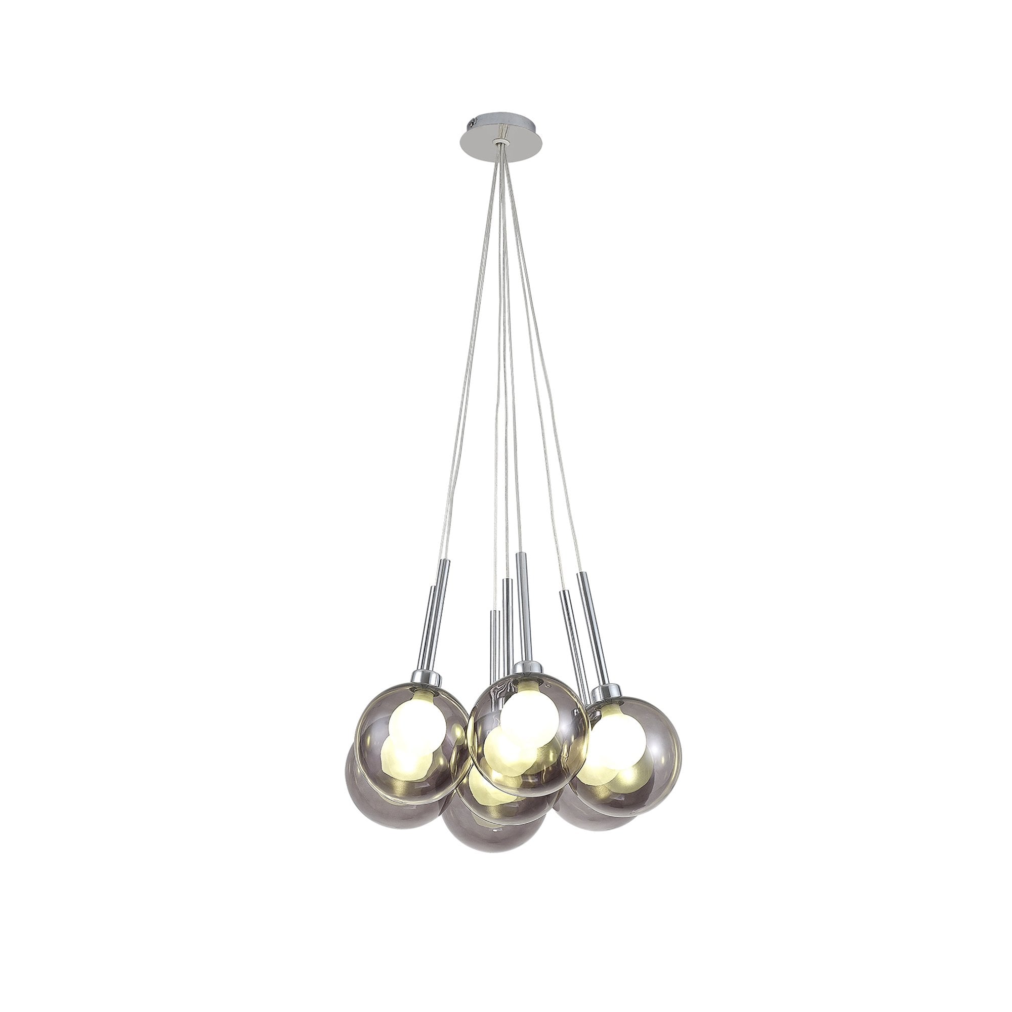 Fabula Tamworth 7 Light Cluster Pendant - Round Shades with Inner Frosted Globes - Polished Chrome, Smoked & Frosted Glass