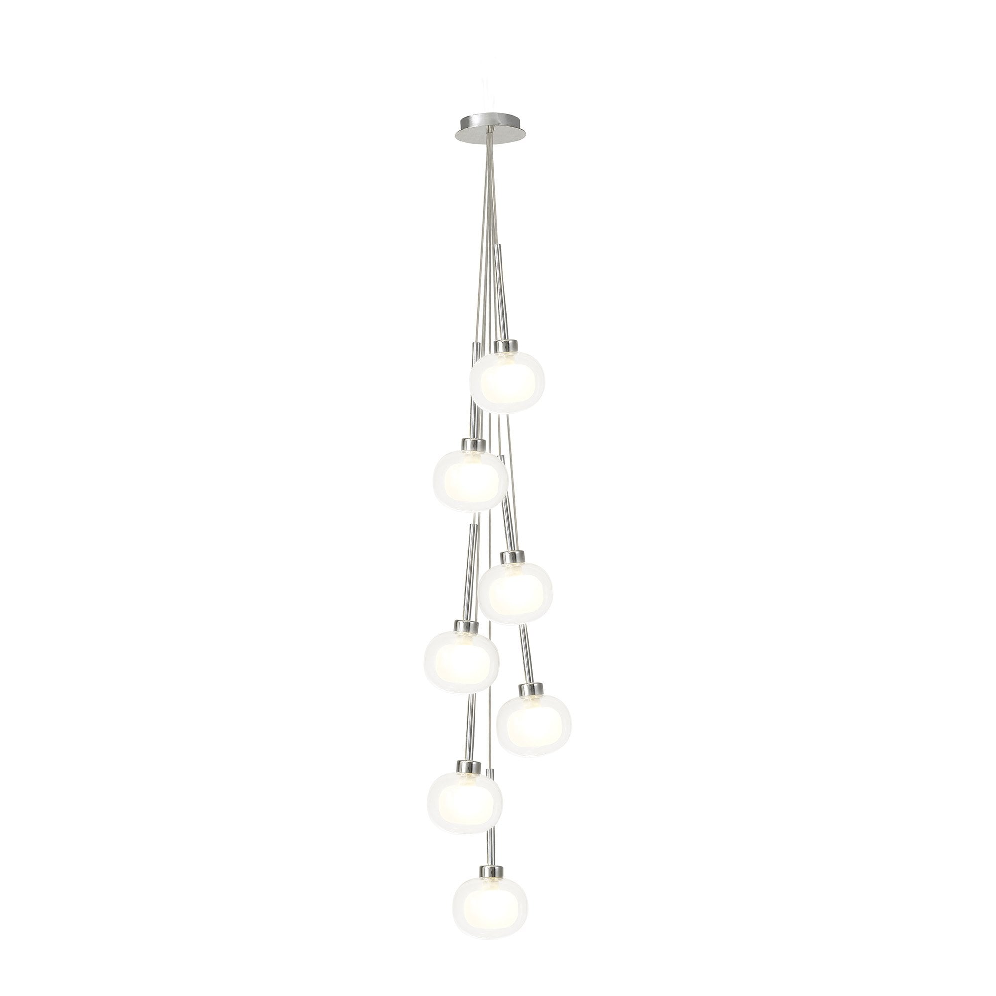 Fabula Tamworth 7 Light Cluster Pendant - Flattened Round Shades with Inner Frosted Globes - Polished Chrome, Clear & Frosted Glass