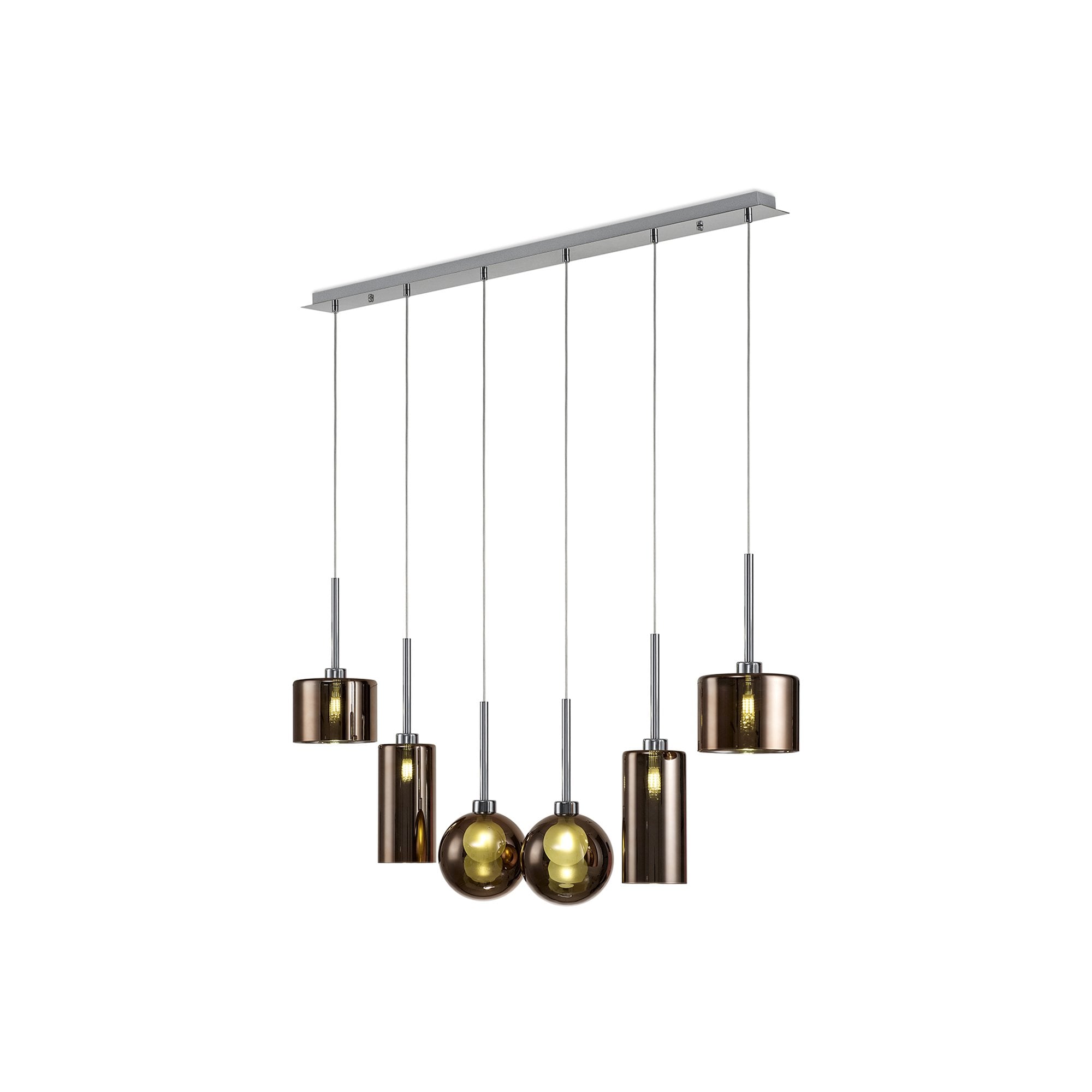 Fabula Tamworth 6 Light Linear Pendant - Mixed Shades E - Polished Chrome, Copper & Frosted Glass