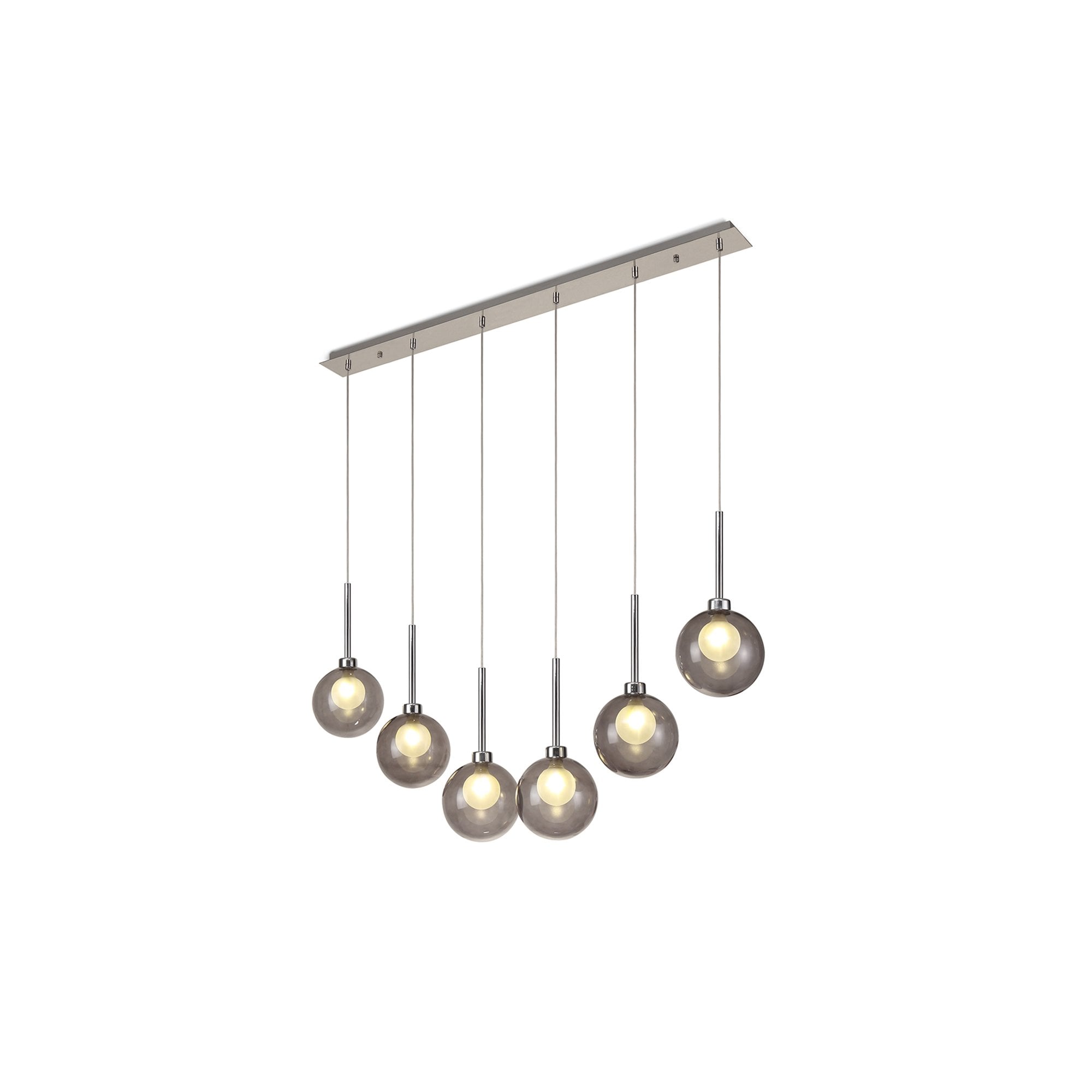 Fabula Tamworth 6 Light Linear Pendant - Round Shades with Inner Frosted Globes - Polished Chrome, Smoked & Frosted Glass